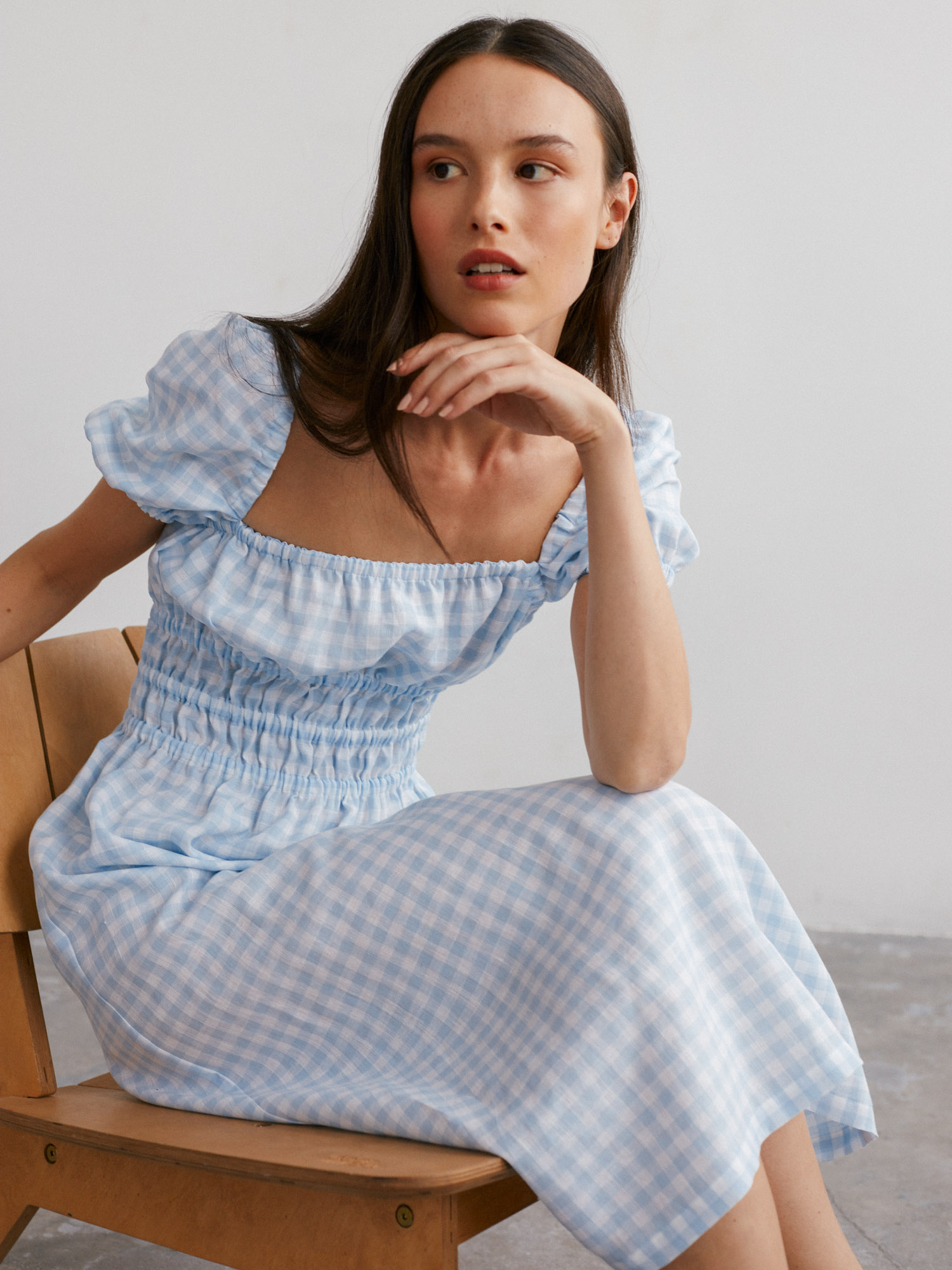 Pale blue gingham linen dress