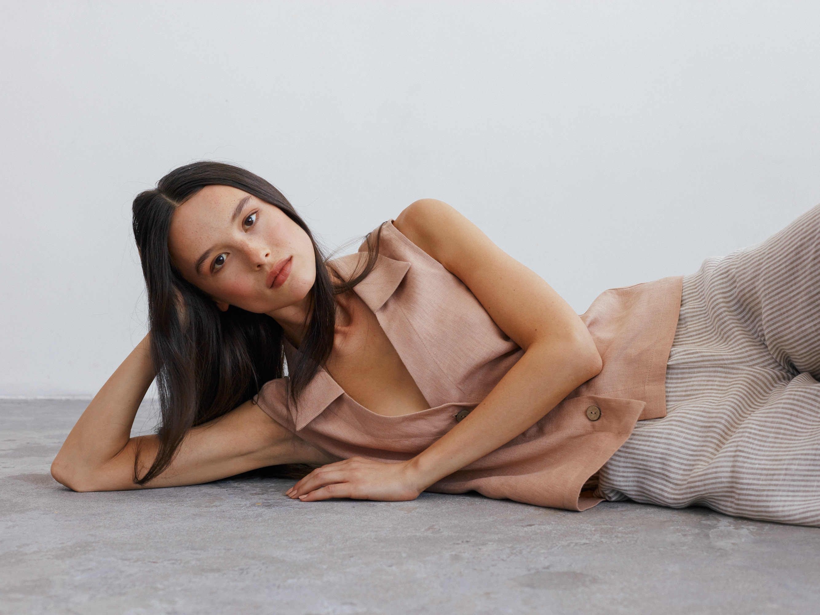 Rose linen waistcoat and striped trousers