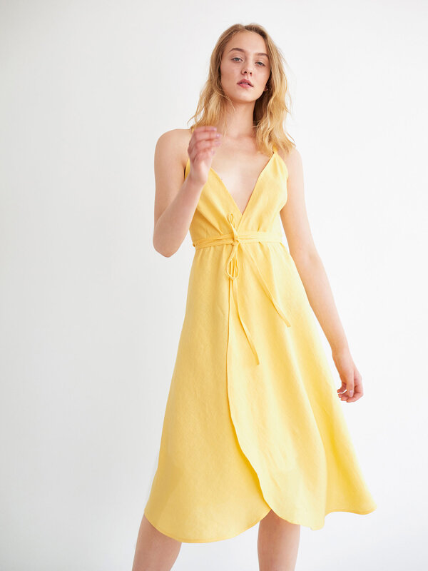 AUDREY Sleeveless Tie Waist Linen Wrap Dress