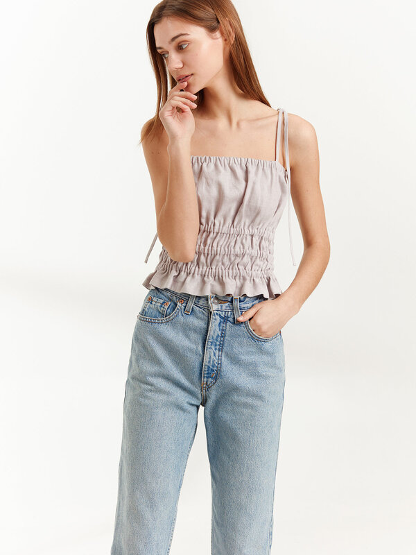 AUGUST Shirred Linen Strap Top