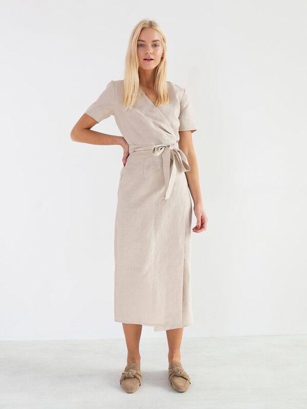 Image 1 of BELLA Linen Midi Wrap Dress in Beige from Love and Confuse