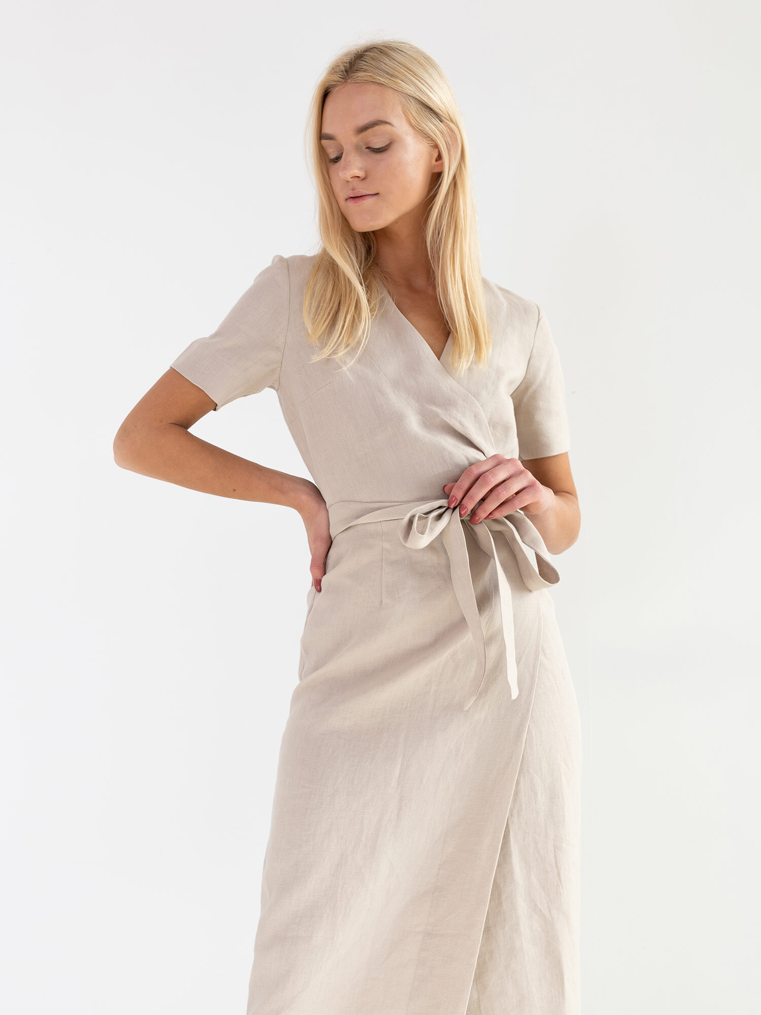 Image 2 of BELLA Linen Midi Wrap Dress in Beige from Love and Confuse