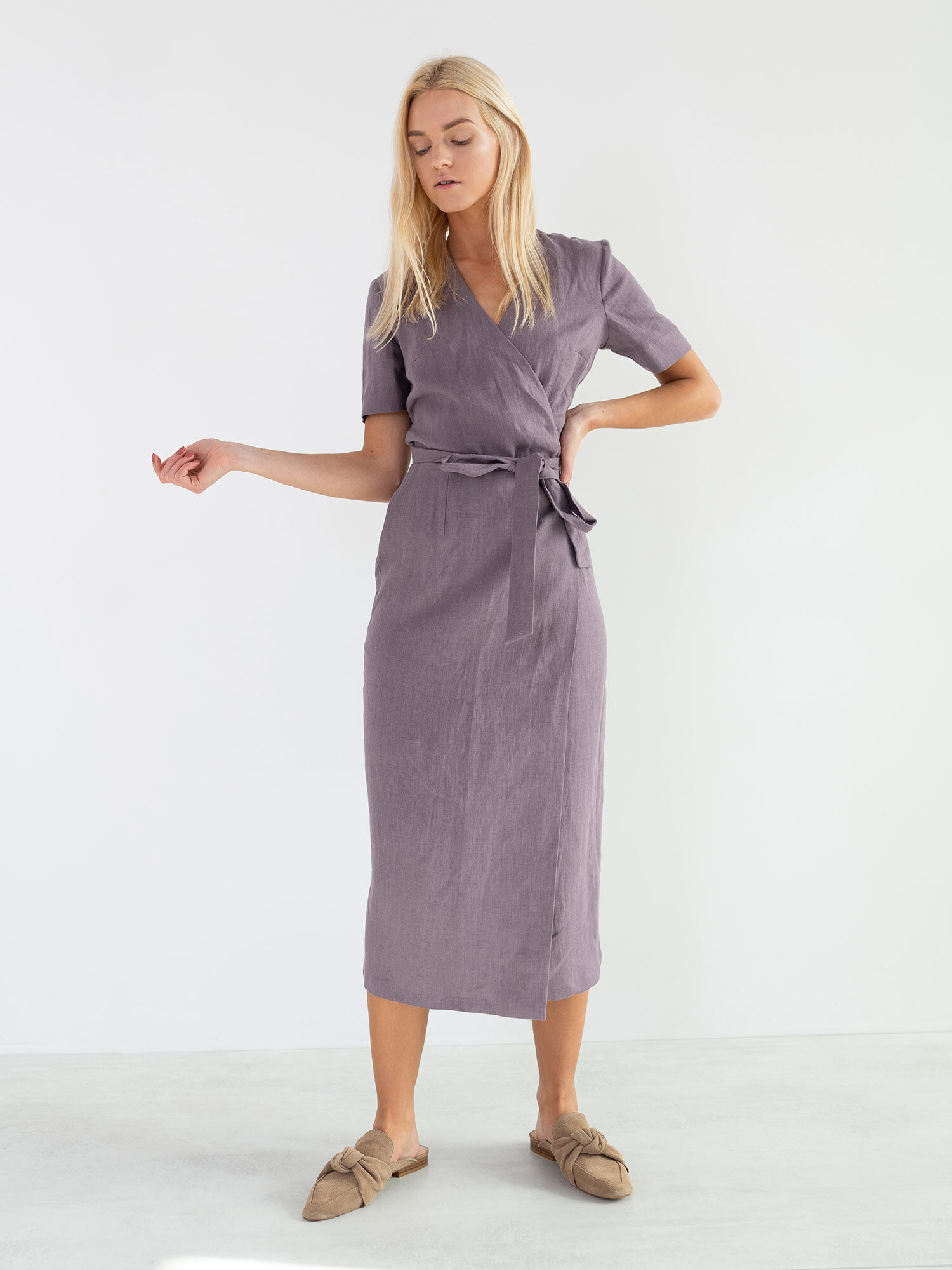 Image 1 of BELLA Linen Midi Wrap Dress in Lavender Violet from Love and Confuse