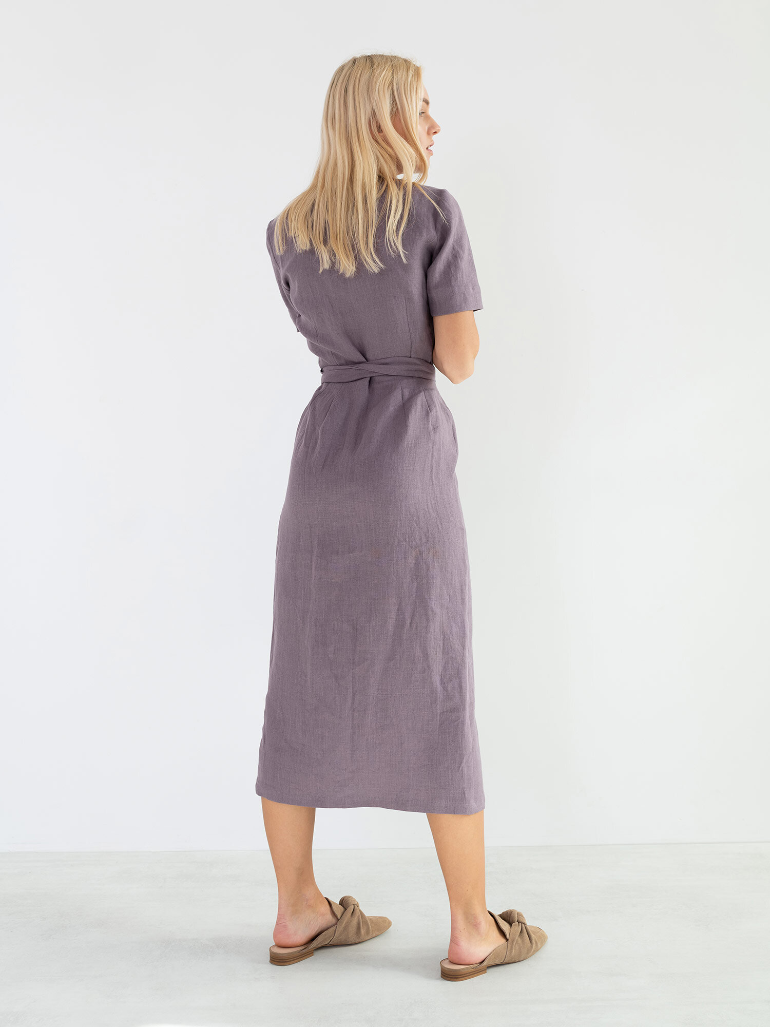 Image 5 of BELLA Linen Midi Wrap Dress in Lavender Violet from Love and Confuse