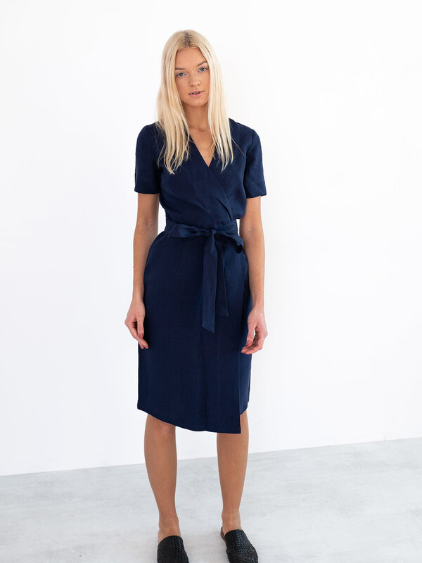 Image 1 of BRIGITTE Linen Wrap Dress in Navy Blue from Love and Confuse