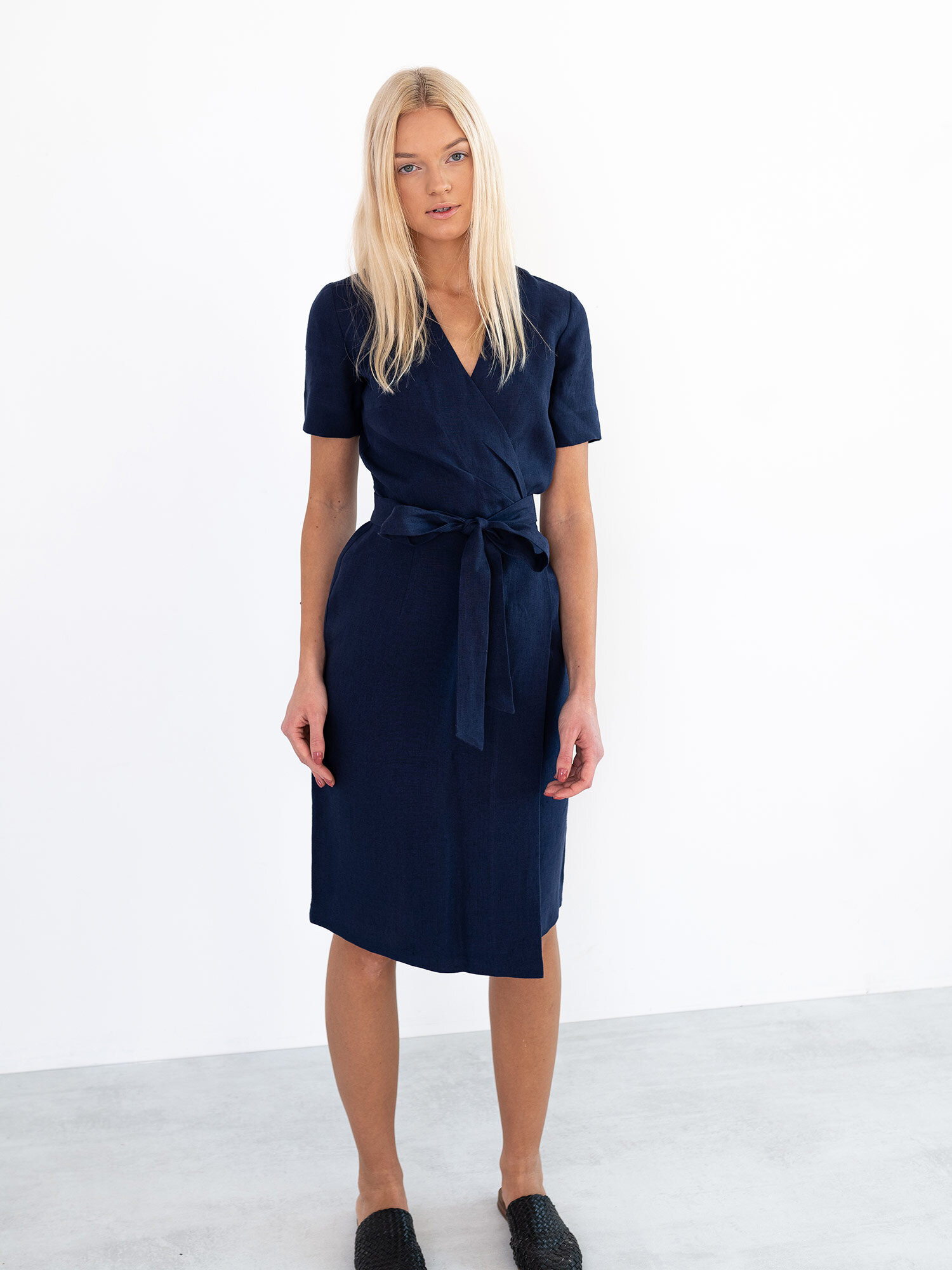 Image 1 of BRIGITTE Linen Wrap Dress in Navy Blue from Love and Confuse