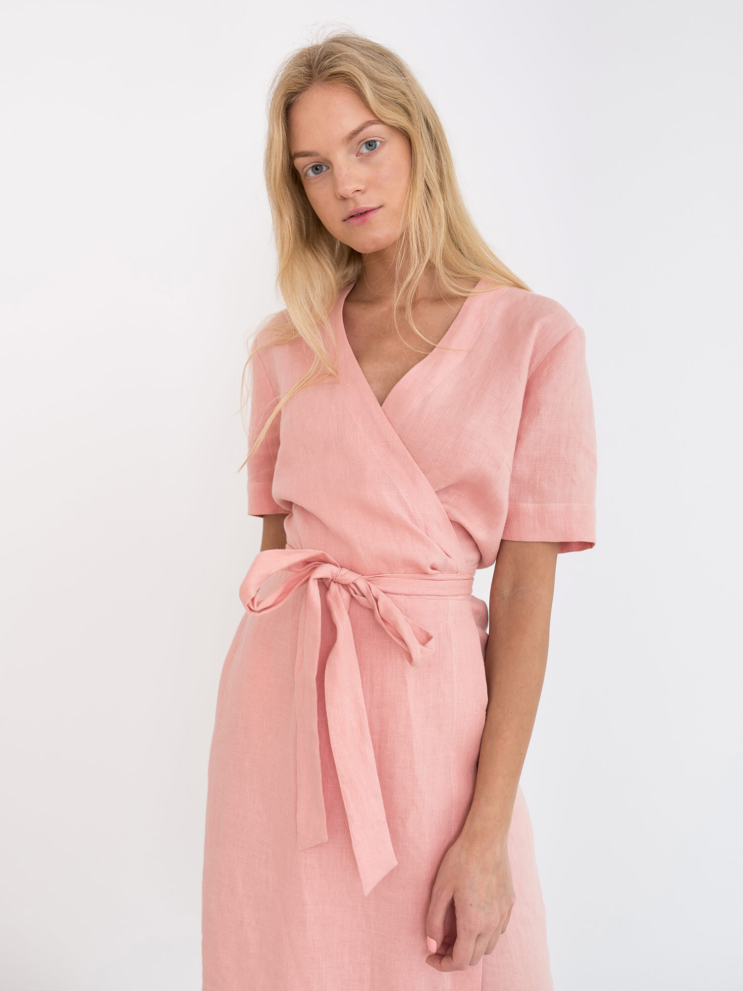 Image 3 of BRIGITTE Linen Wrap Dress in Pink Spanish from Love and Confuse