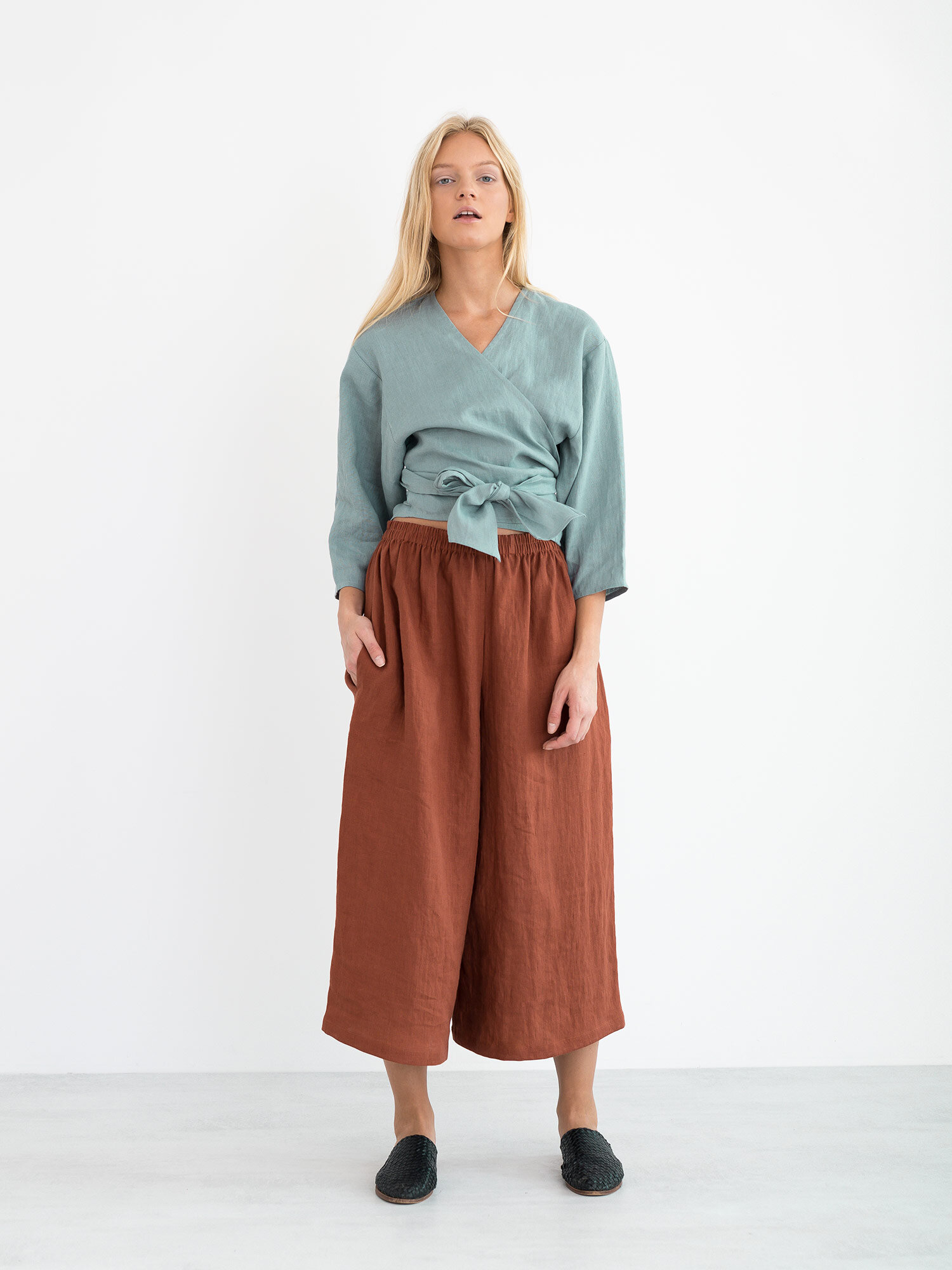 Image 2 of CLAIRE Linen Wrap Top in Dark Turquoise from Love and Confuse