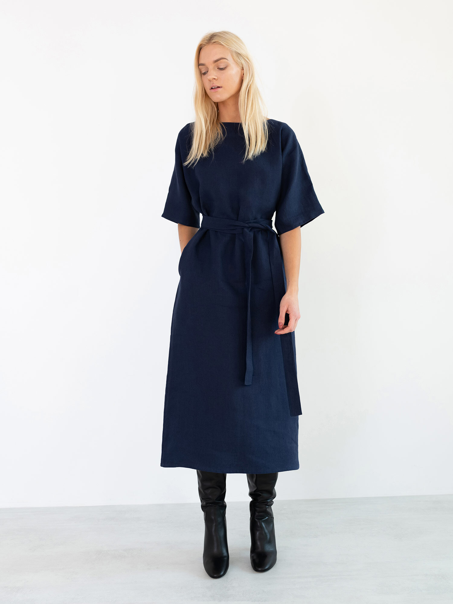 Image 1 of CLEMENTINE Linen Midi Dress in Navy Blue from Love and Confuse