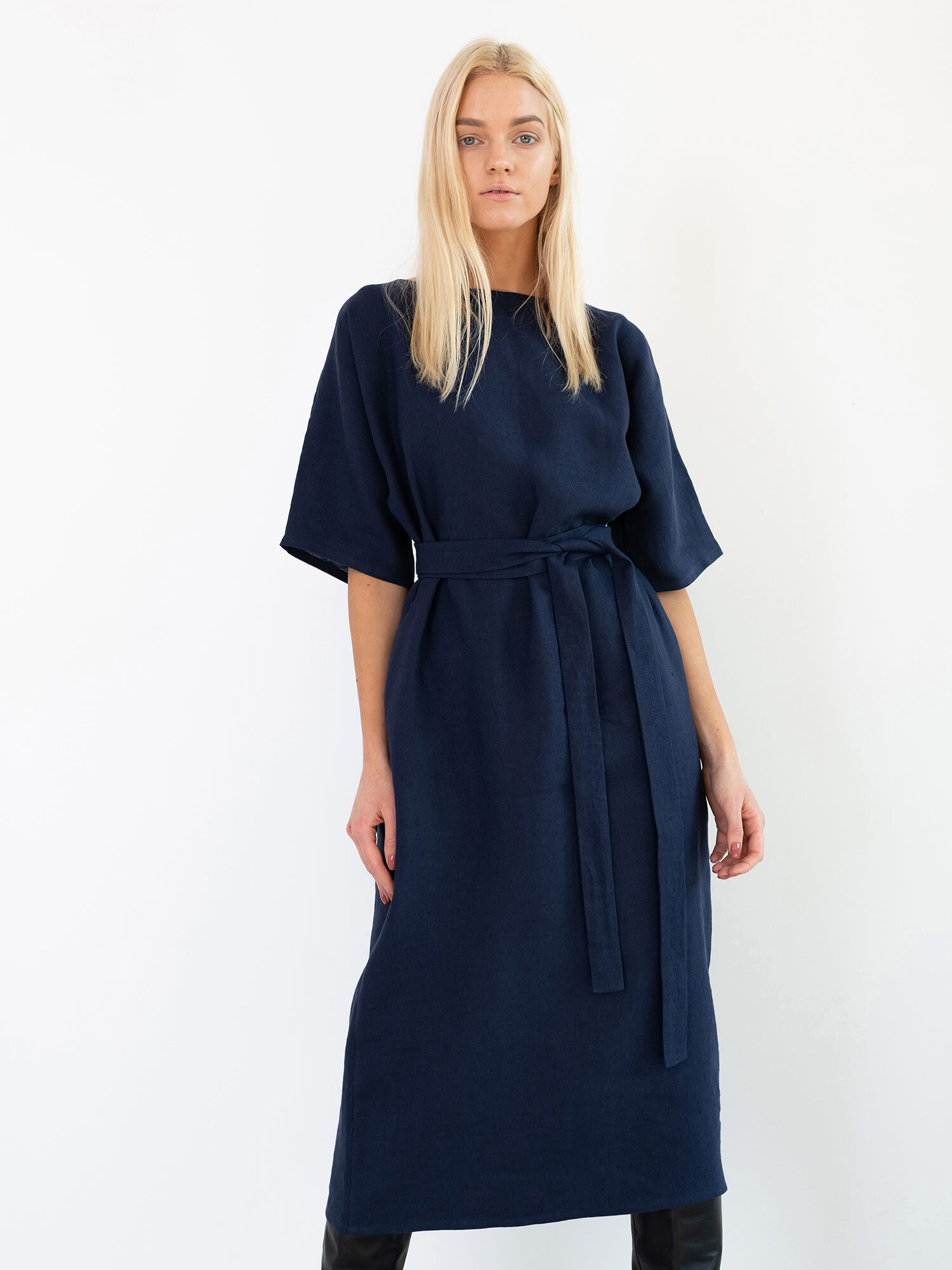 Image 2 of CLEMENTINE Linen Midi Dress in Navy Blue from Love and Confuse