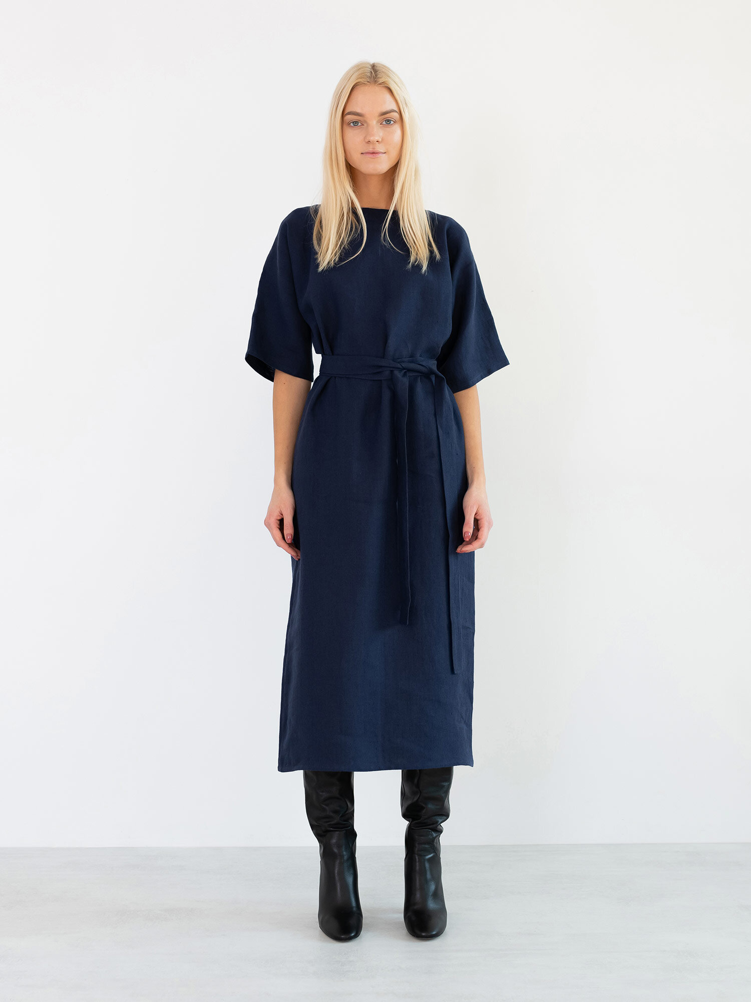 Image 3 of CLEMENTINE Linen Midi Dress in Navy Blue from Love and Confuse