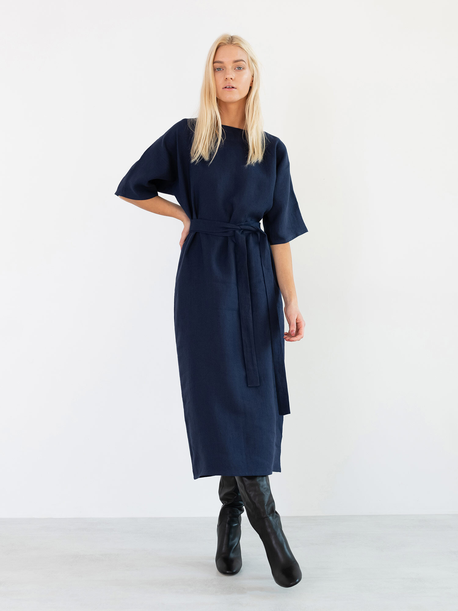 Image 4 of CLEMENTINE Linen Midi Dress in Navy Blue from Love and Confuse