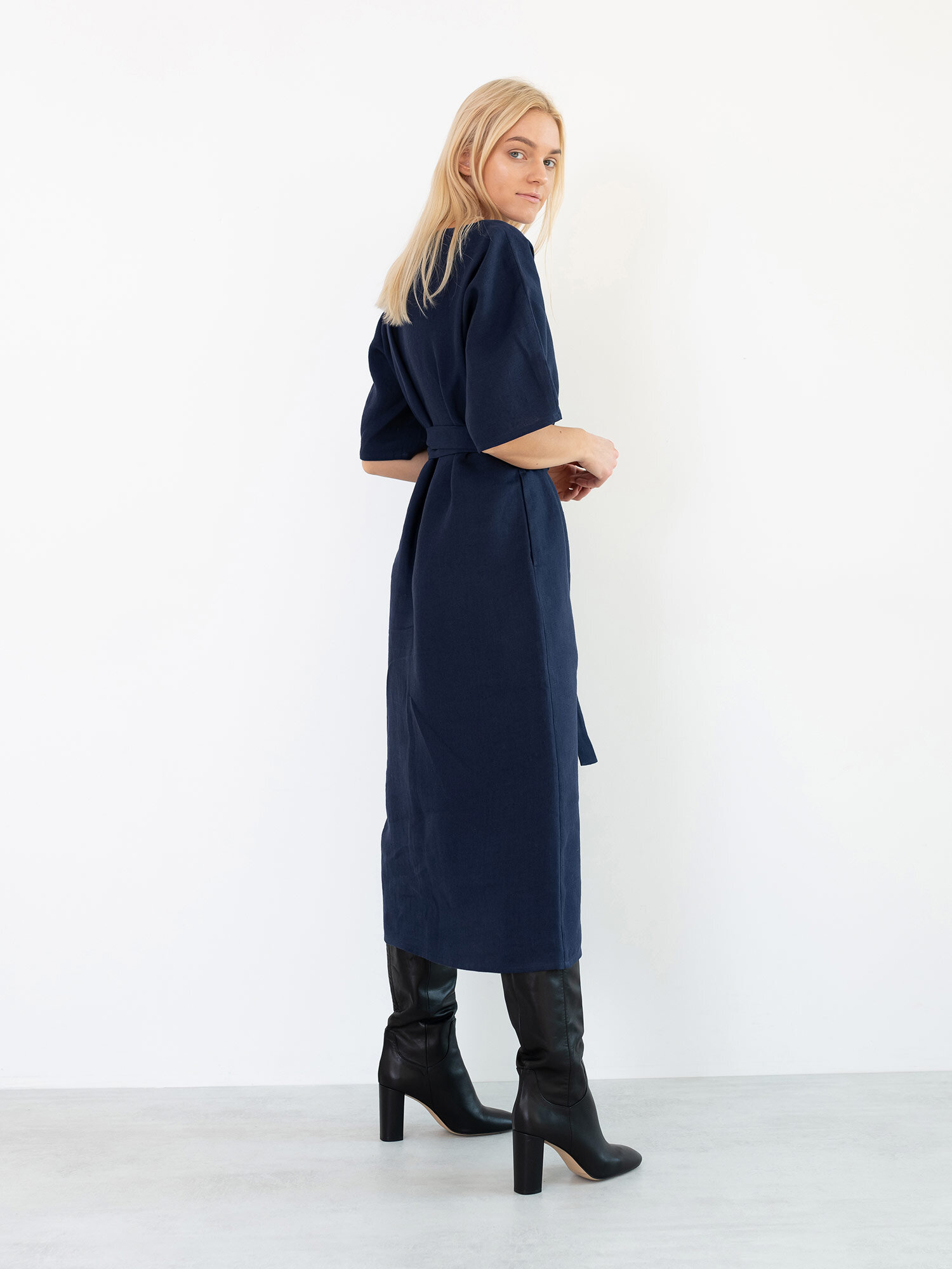 Image 5 of CLEMENTINE Linen Midi Dress in Navy Blue from Love and Confuse
