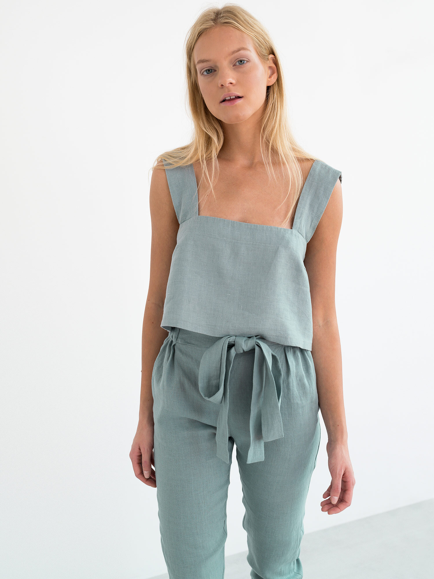 Image 3 of DAHLIA Wide Strap Linen Top in Dark Turquoise from Love and Confuse