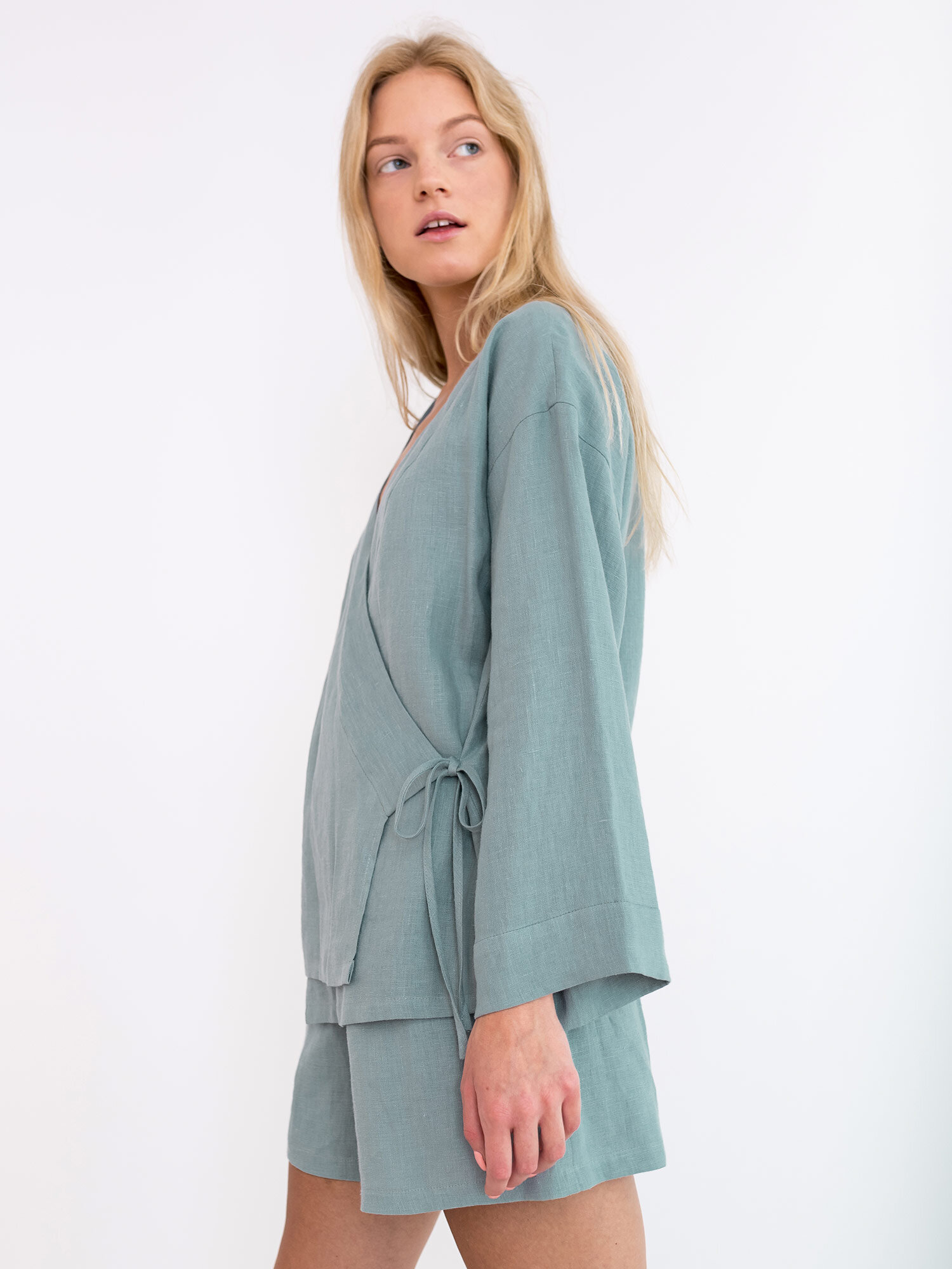 Image 3 of DELILAH Linen Kimono Jacket in Dark Turquoise from Love and Confuse