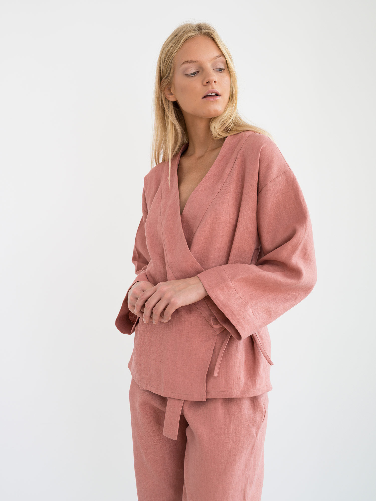 Image 1 of DELILAH Linen Kimono Jacket in Salmon Pink from Love and Confuse