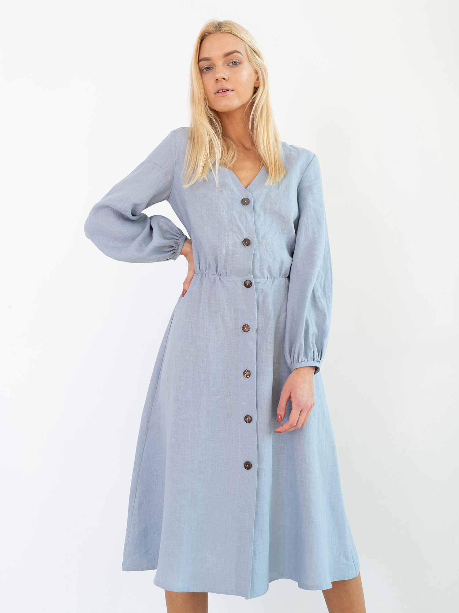 DIA Bluestone linen dress with long gathered sleeves and button-front fastening
