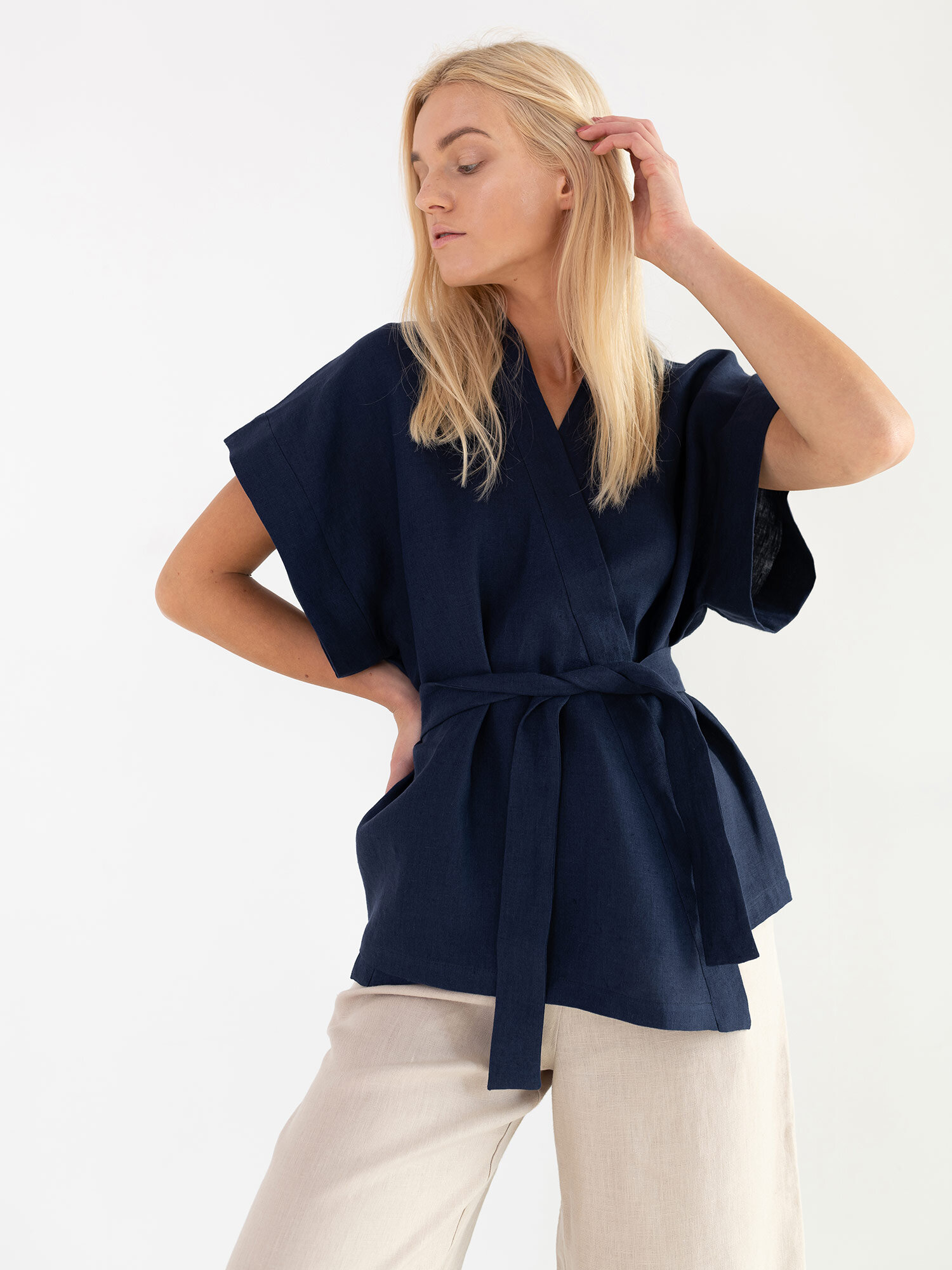 Image 3 of ELI Linen Kimono Top in Navy Blue from Love and Confuse