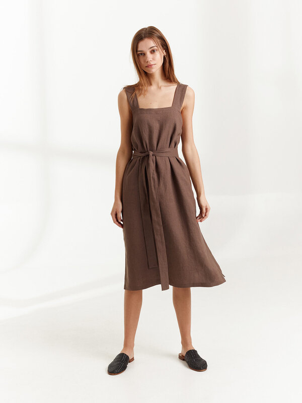 Image 1 of ELLIDY Wide Strap Linen Dress in Cocoa from Love and Confuse