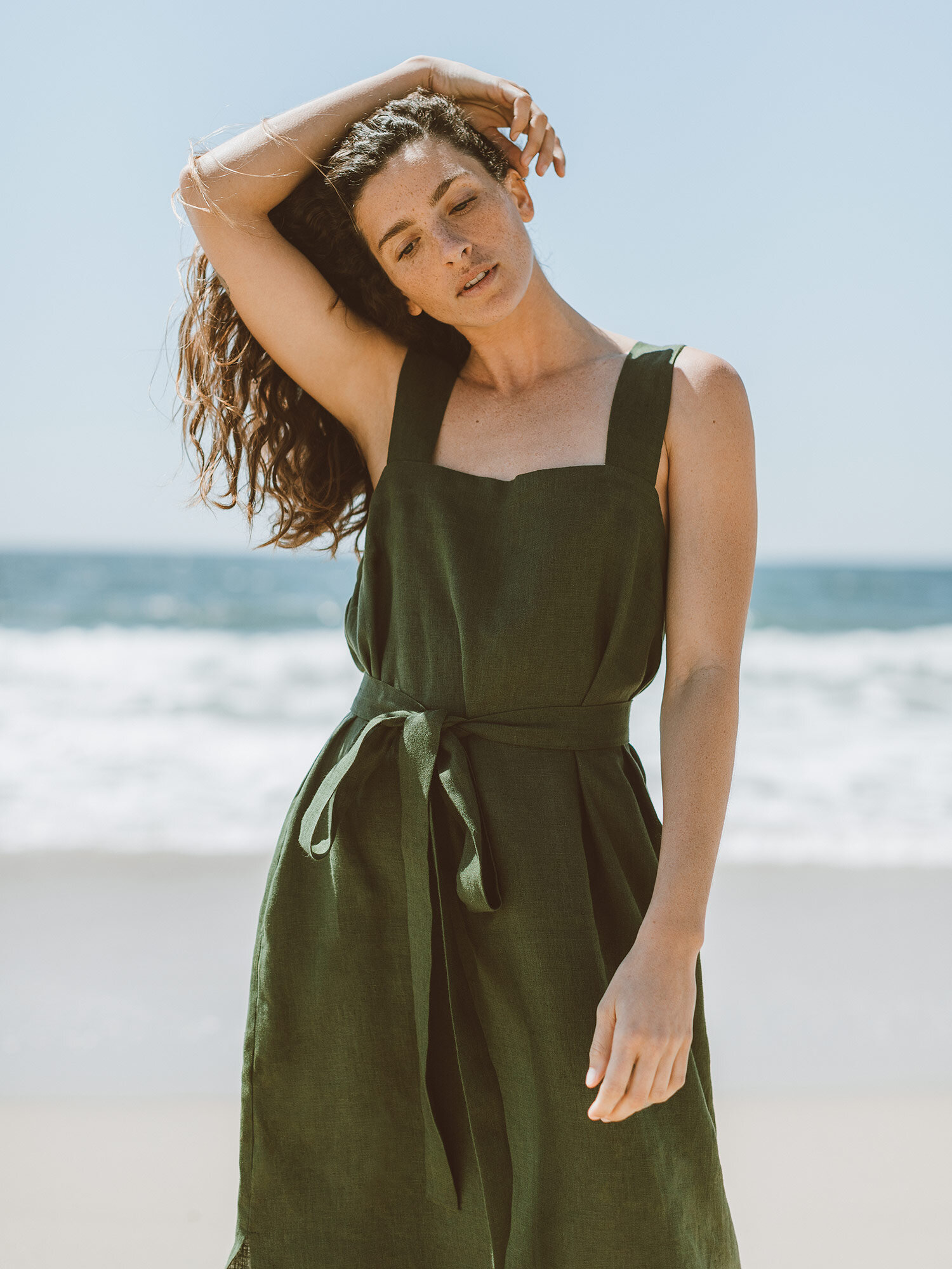 Image 3 of ELLIDY Wide Strap Linen Dress in Forest Green from Love and Confuse