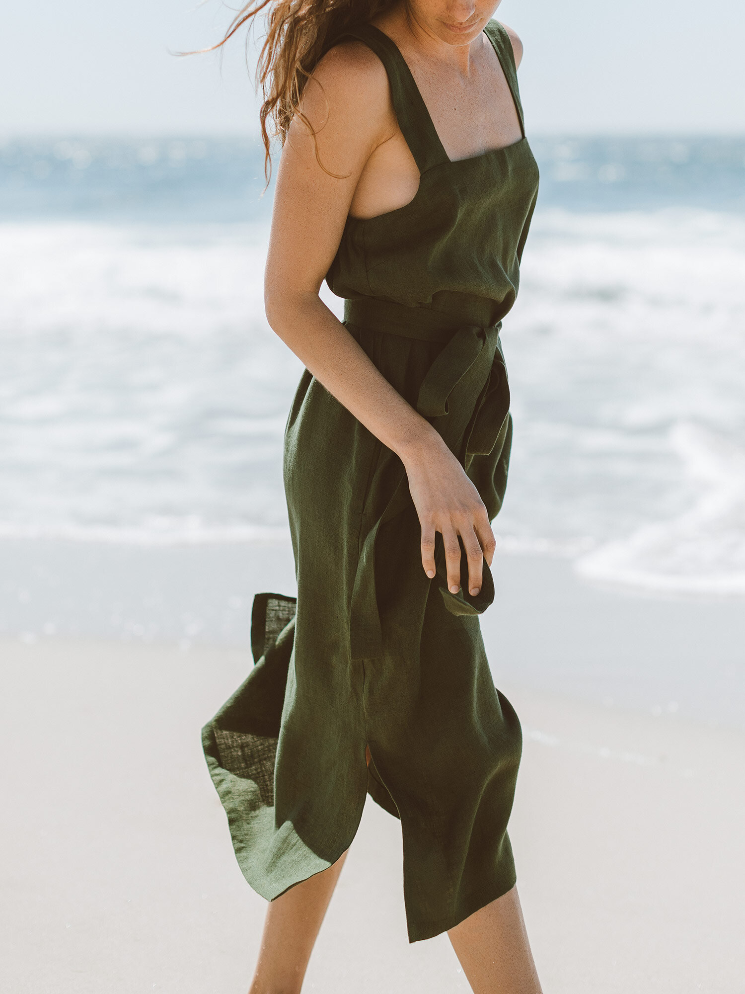 Image 4 of ELLIDY Wide Strap Linen Dress in Forest Green from Love and Confuse