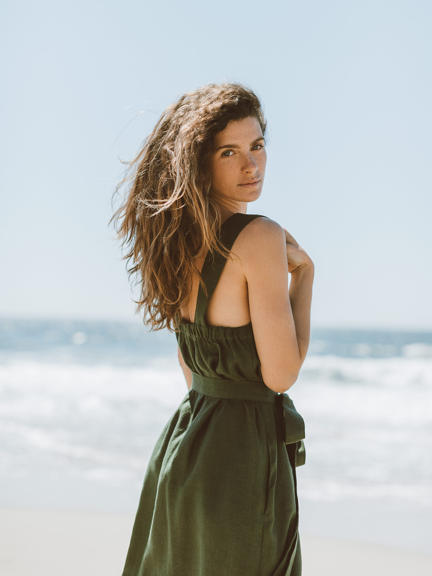 Image 5 of ELLIDY Wide Strap Linen Dress in Forest Green from Love and Confuse