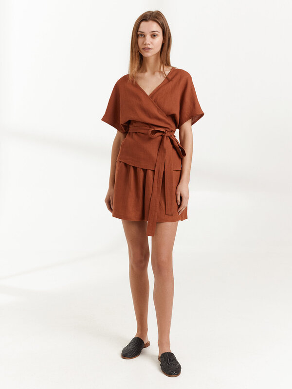 EVIE Short Sleeve Linen Wrap Top