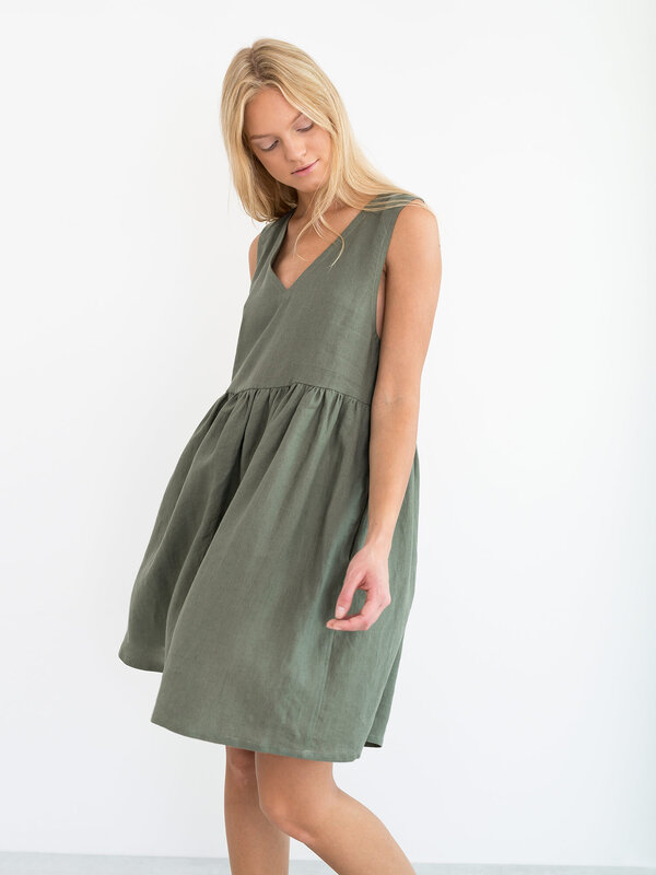 FRESSIA V-Neck Babydoll Linen Dress
