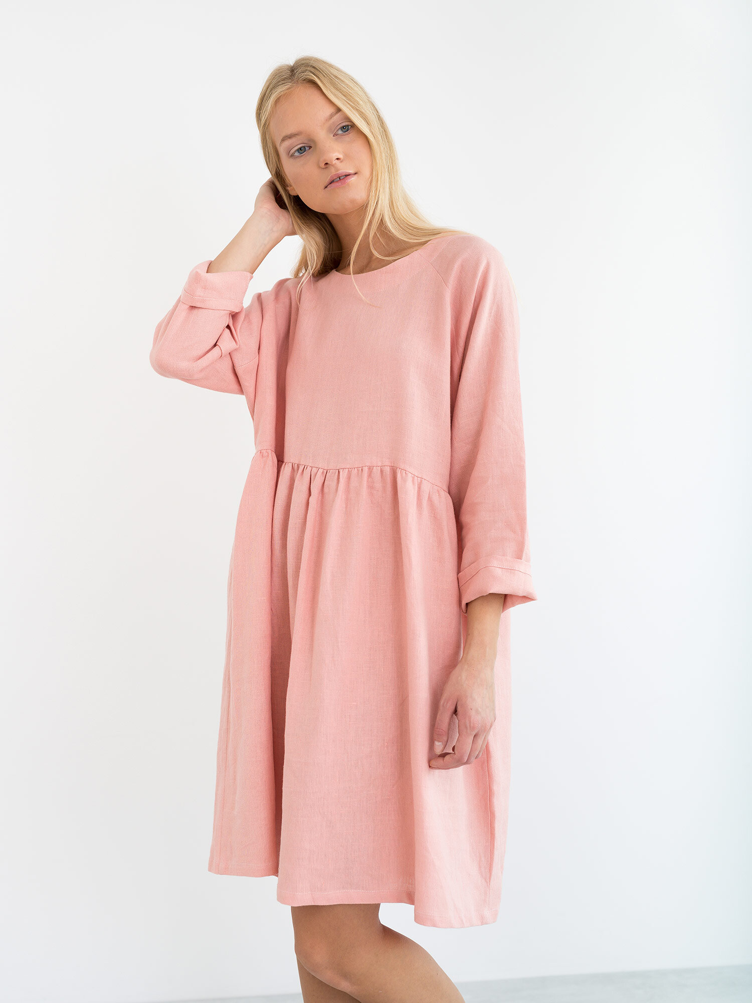 Image 2 of HARLOW Long Sleeve Linen Dress in Pink Spanish from Love and Confuse