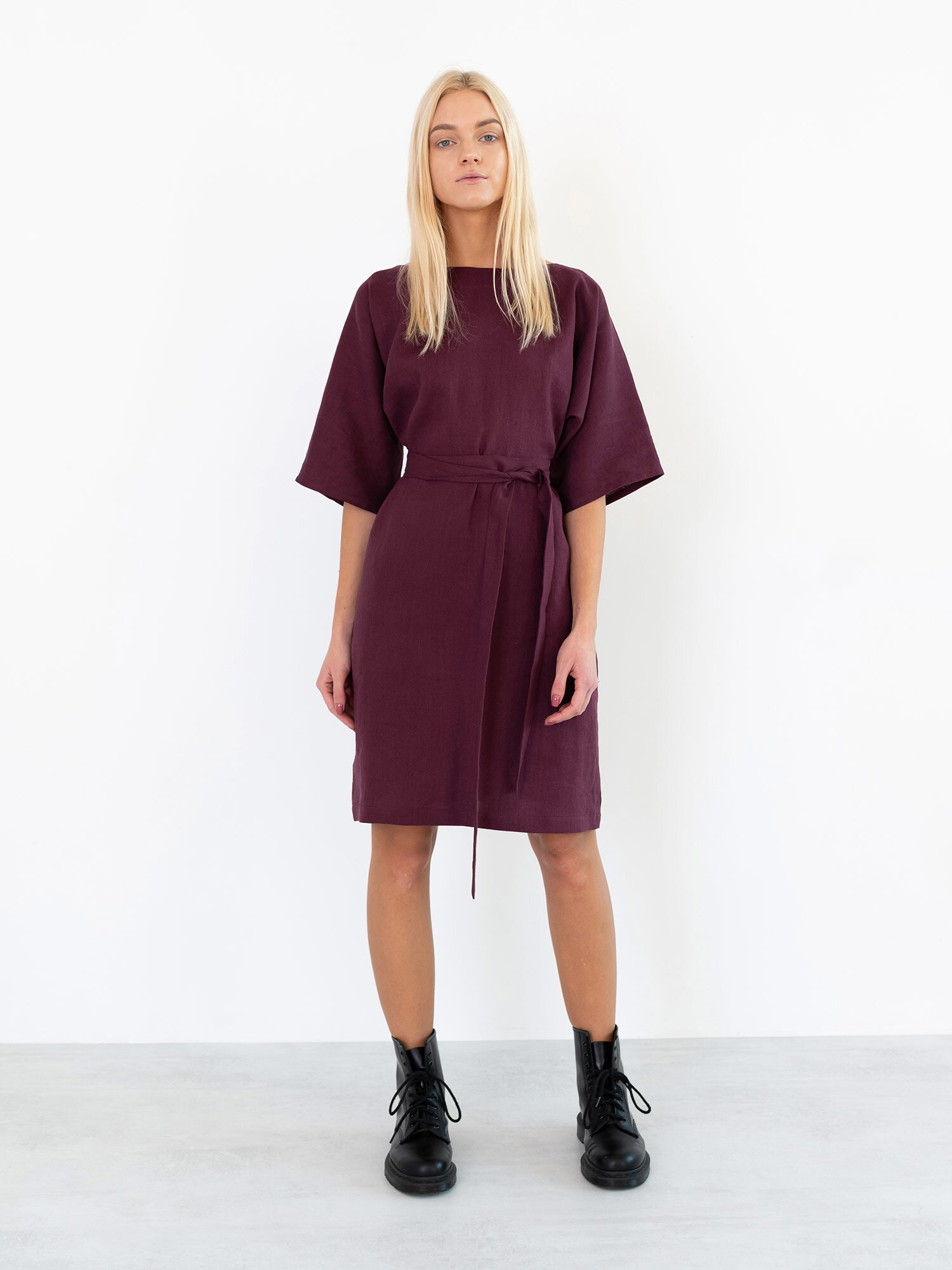 Front view of the ISABEL tie-waist linen dress in Eggplant