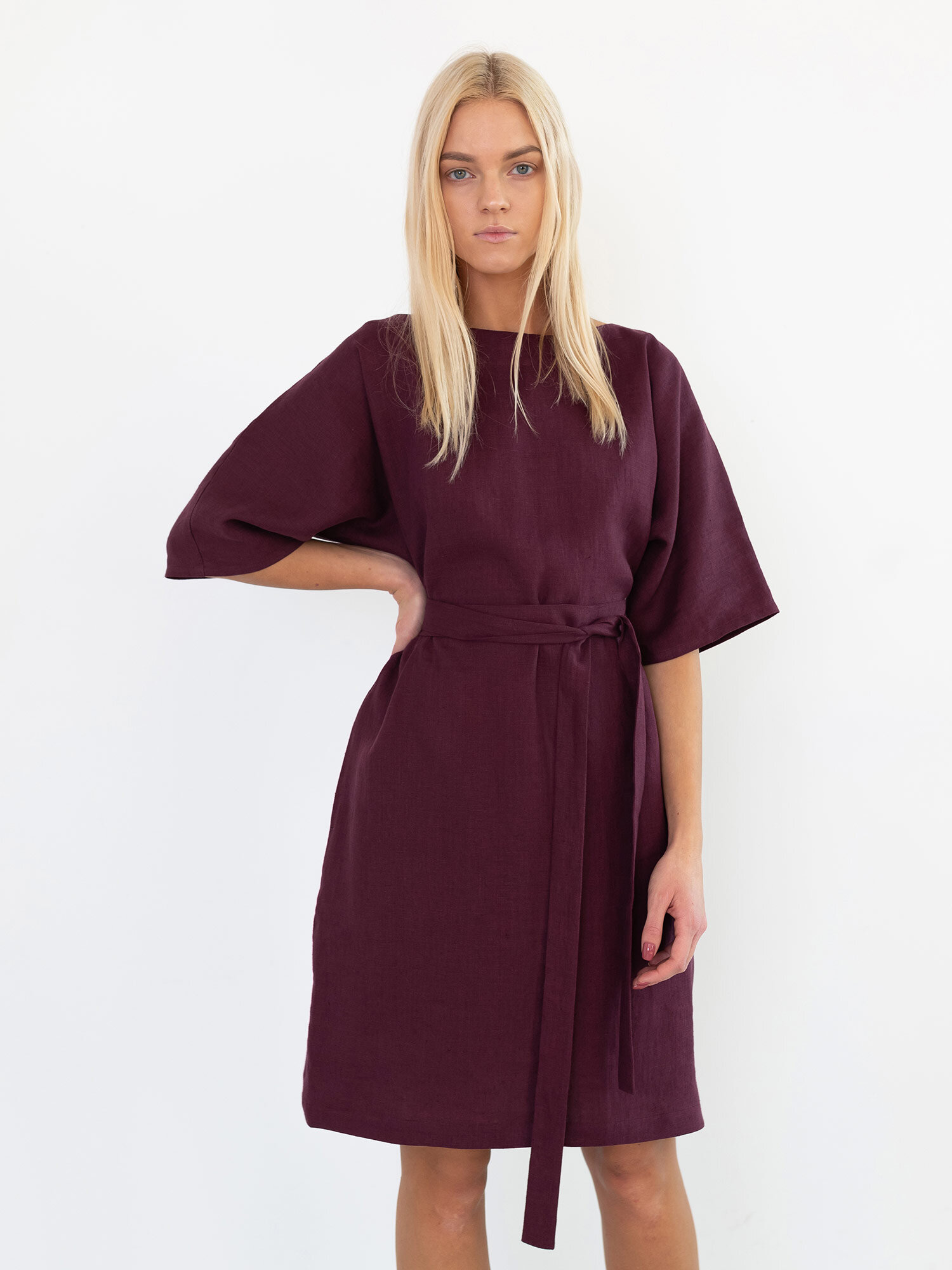 ISABEL Eggplant linen dress with wide elbow-length dolman sleeves