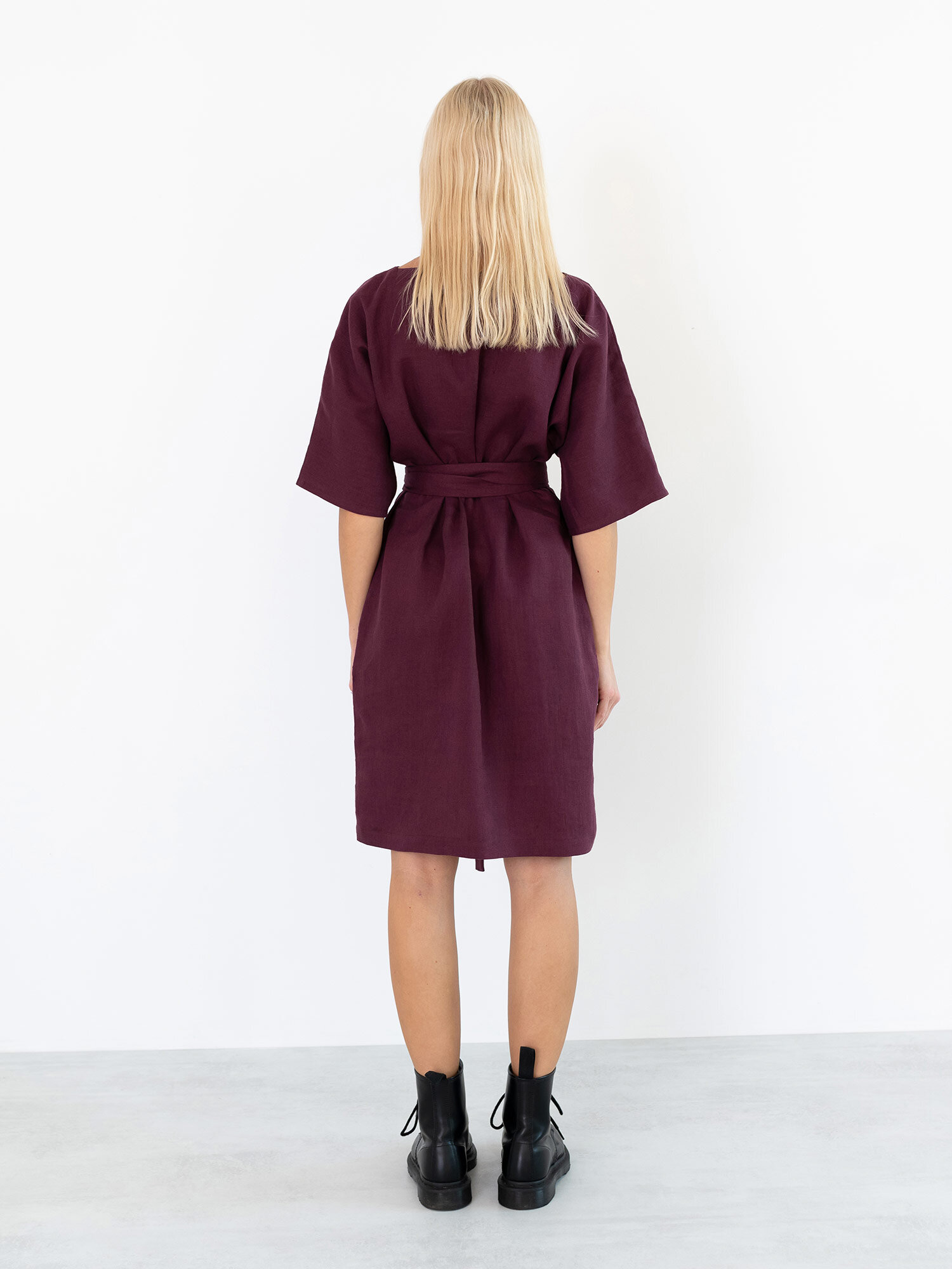 Back view of the ISABEL above-the-knee linen dress in Eggplant