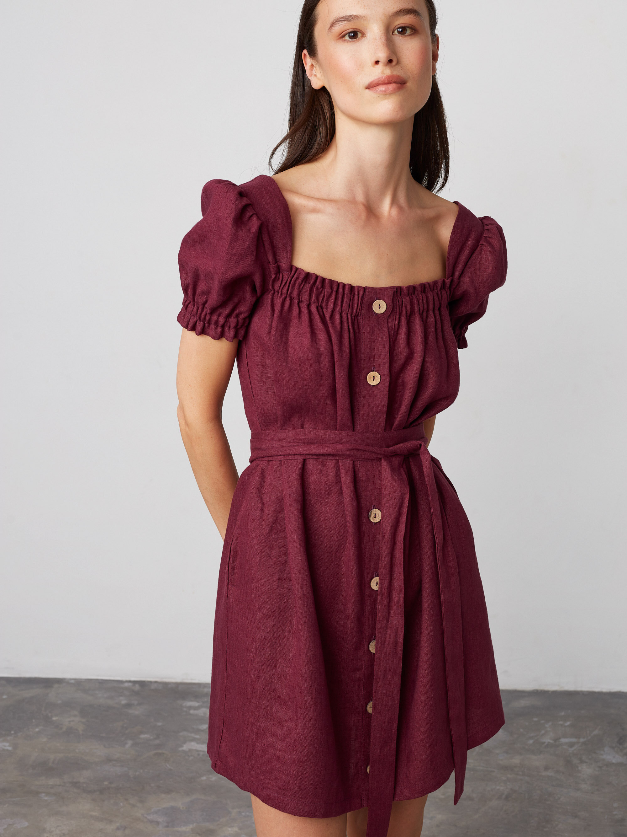 Image 1 of JULY Button Down Linen Mini Dress in Eggplant and White Stripes from Love and Confuse