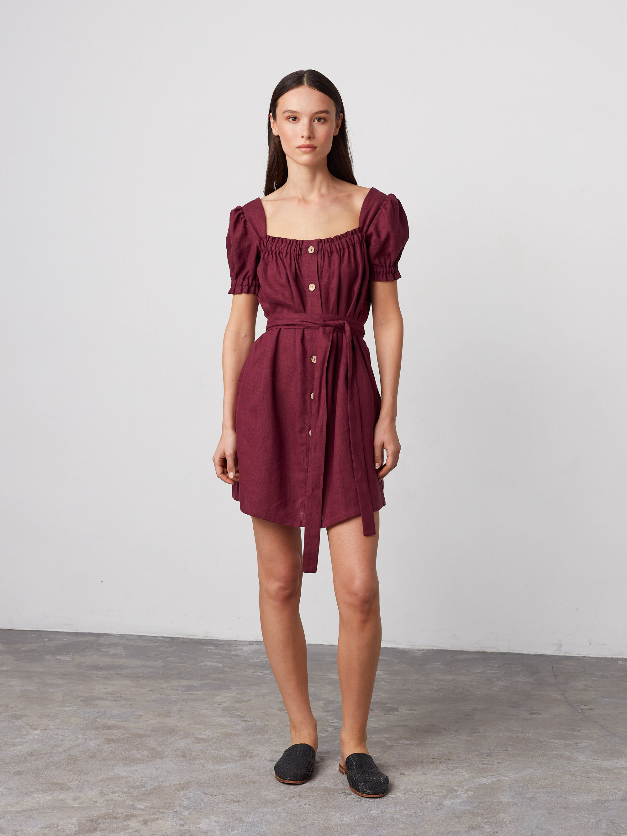 Image 2 of JULY Button Down Linen Mini Dress in Eggplant and White Stripes from Love and Confuse
