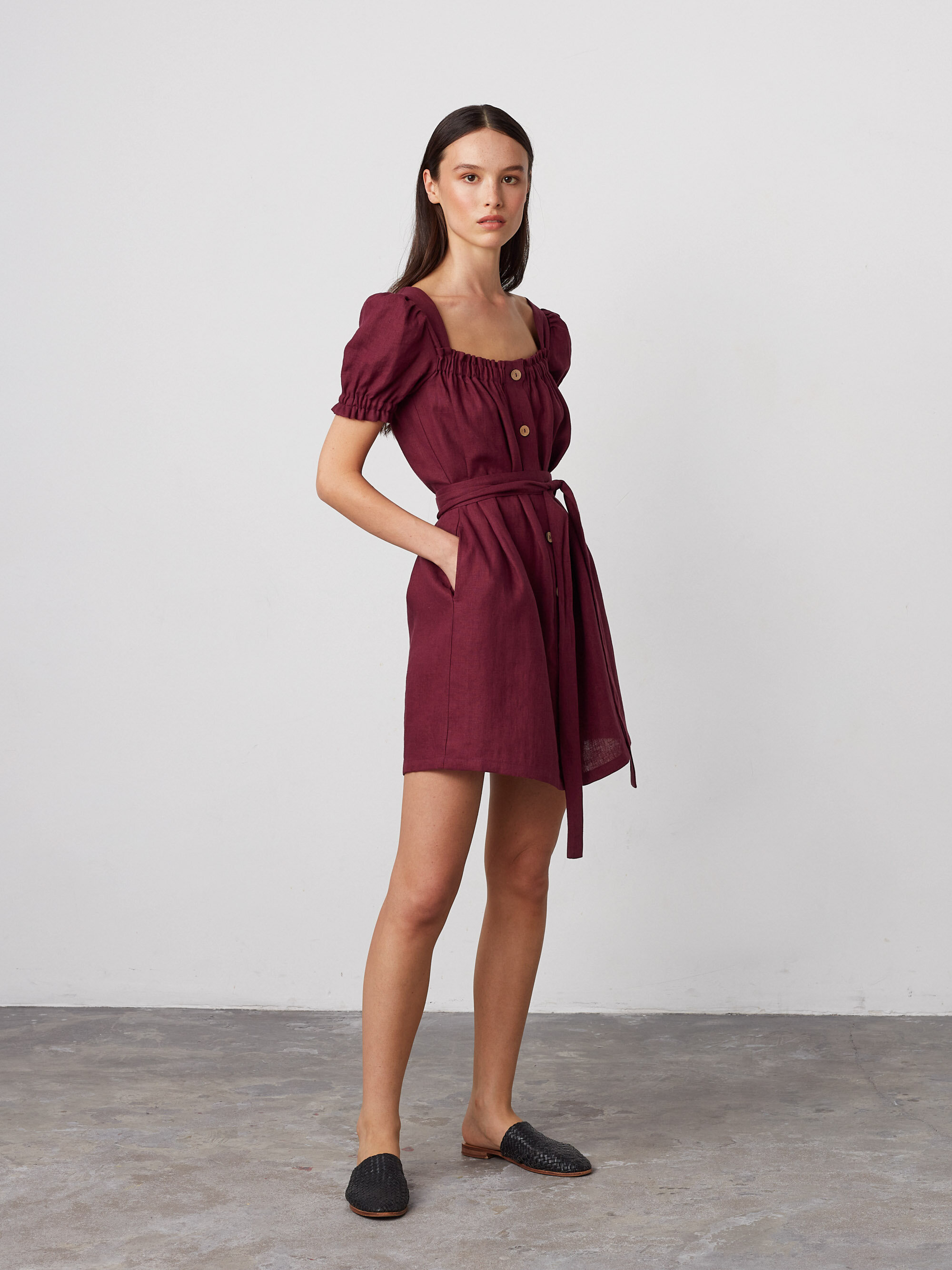 Image 3 of JULY Button Down Linen Mini Dress in Eggplant and White Stripes from Love and Confuse