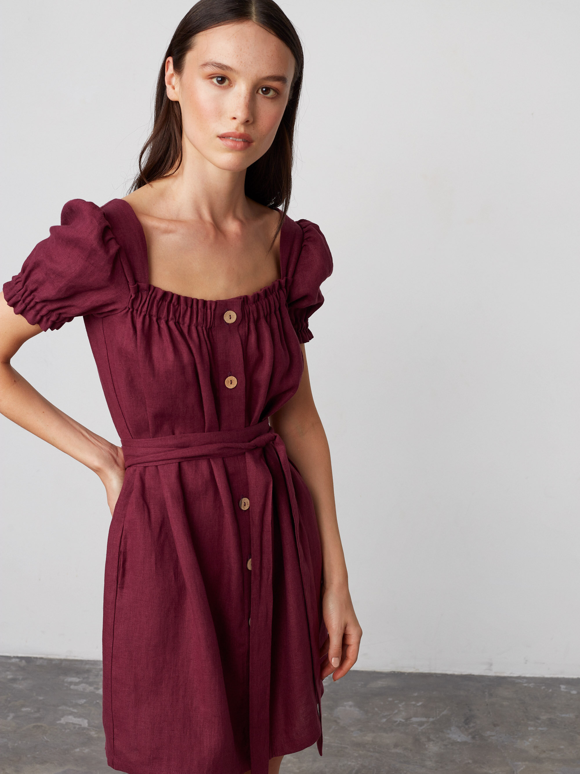 Image 4 of JULY Button Down Linen Mini Dress in Eggplant and White Stripes from Love and Confuse