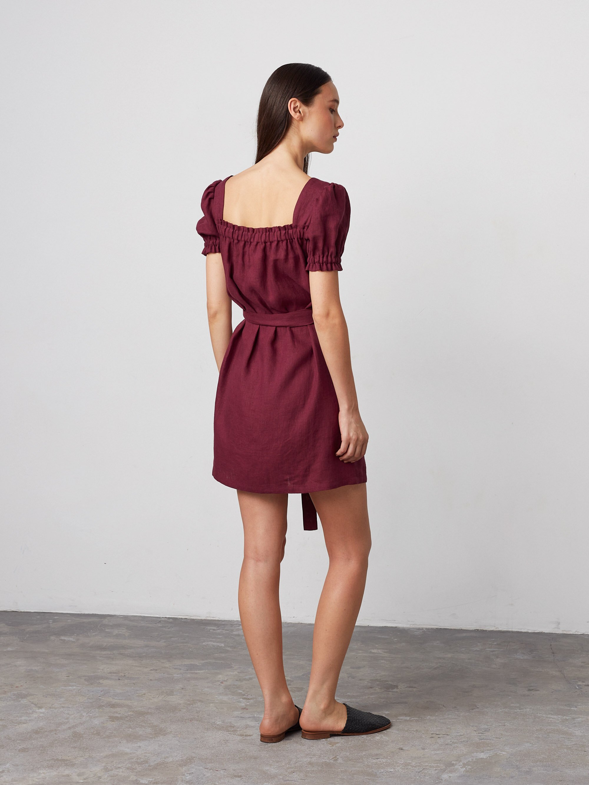 Image 5 of JULY Button Down Linen Mini Dress in Eggplant and White Stripes from Love and Confuse