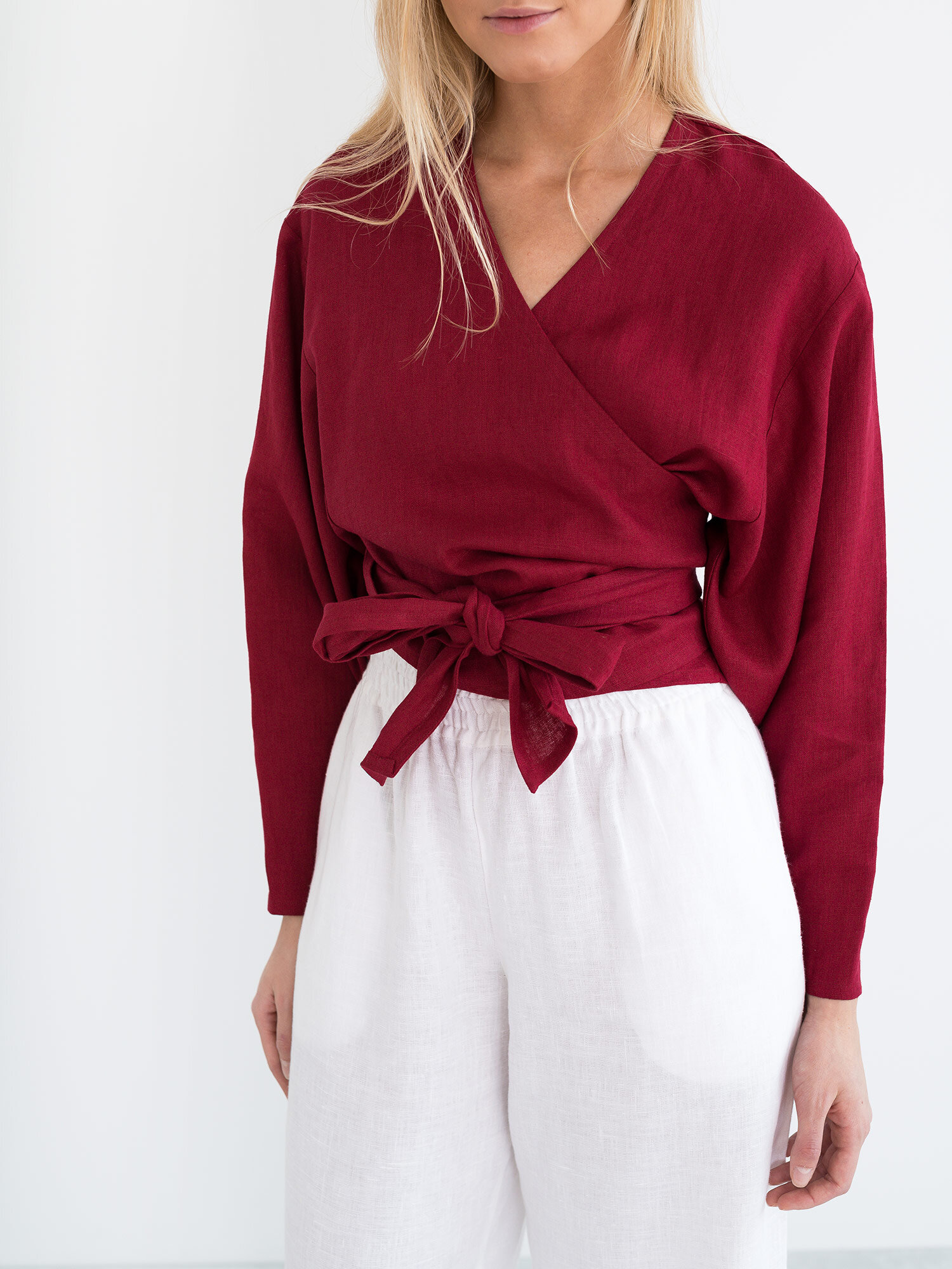 Image 4 of JUNE Linen Wrap Top in Cherry Red from Love and Confuse