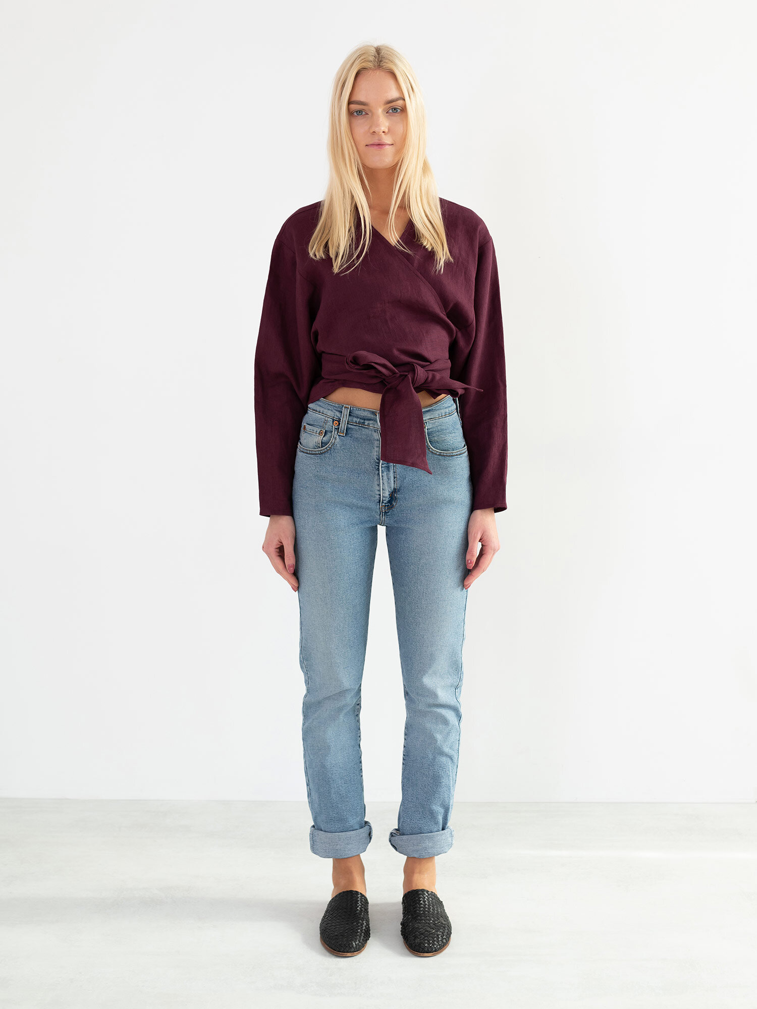 Image 2 of JUNE Linen Wrap Top in Eggplant from Love and Confuse