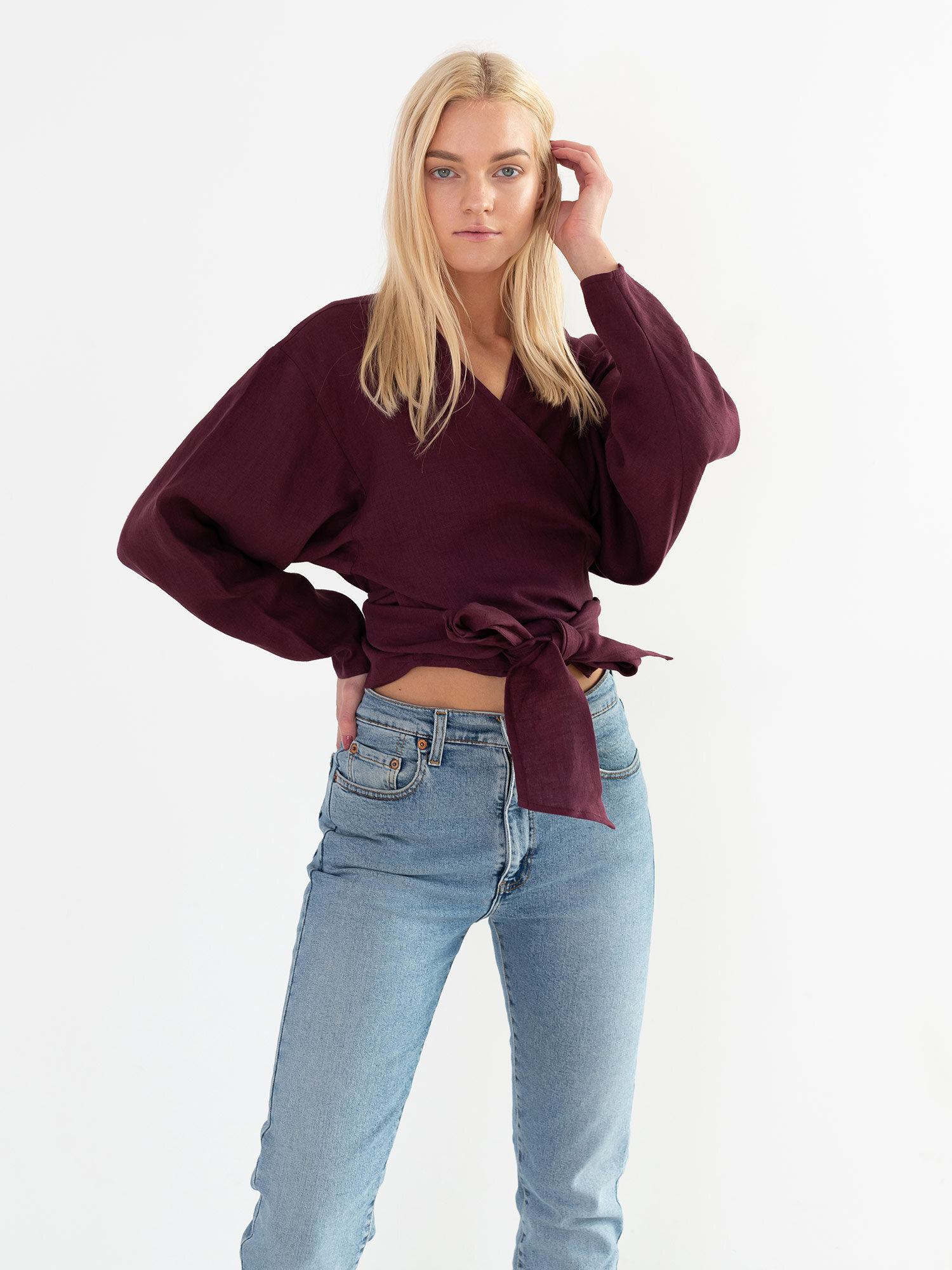 Image 3 of JUNE Linen Wrap Top in Eggplant from Love and Confuse