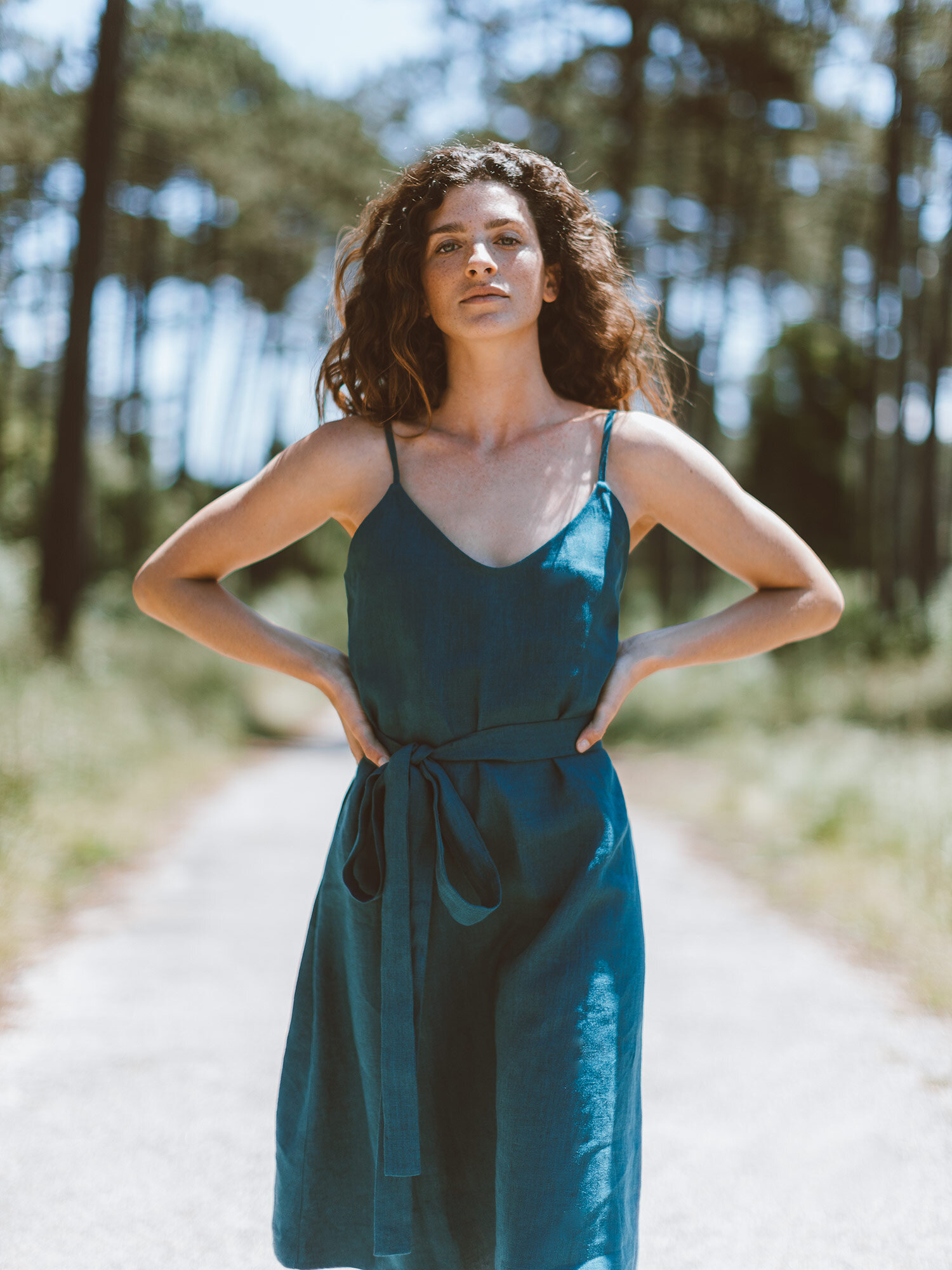 Image 2 of KAIA Linen Strappy Dress in Emerald Blue from Love and Confuse