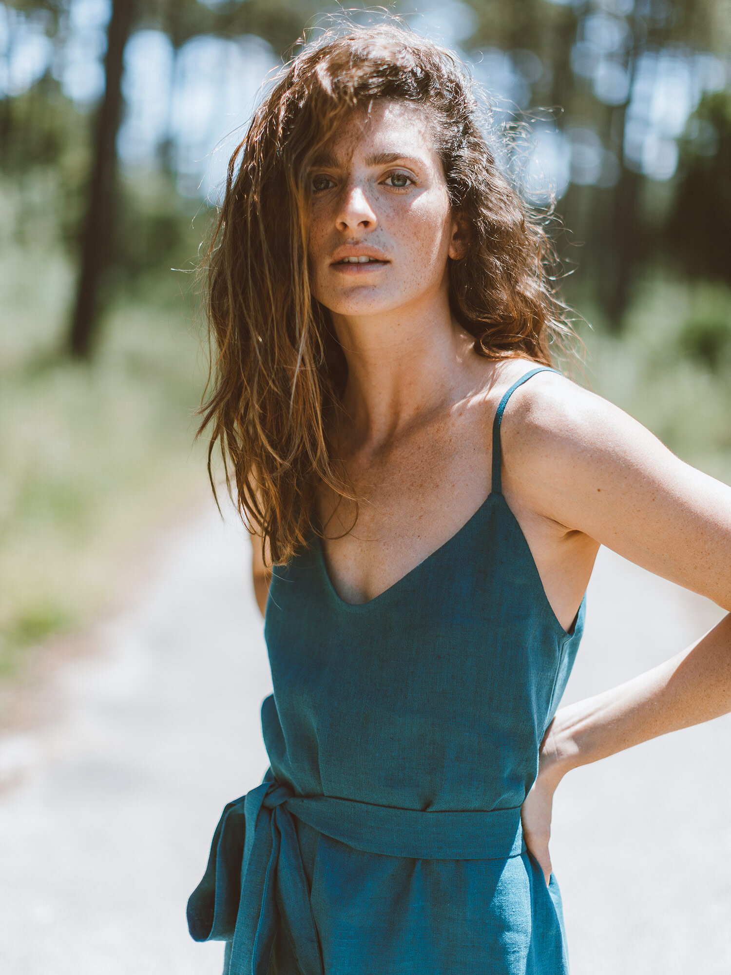 Image 3 of KAIA Linen Strappy Dress in Emerald Blue from Love and Confuse