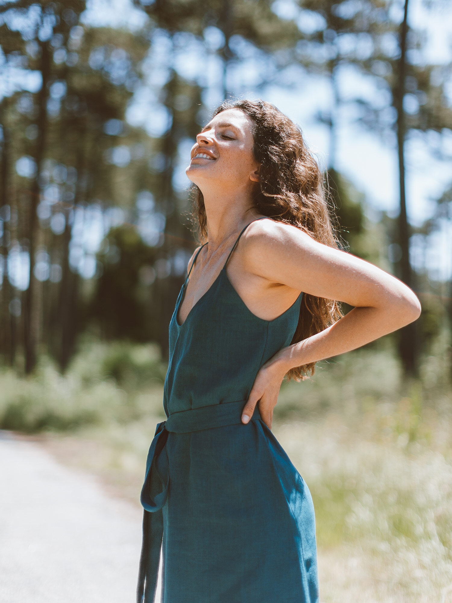 Image 4 of KAIA Linen Strappy Dress in Emerald Blue from Love and Confuse