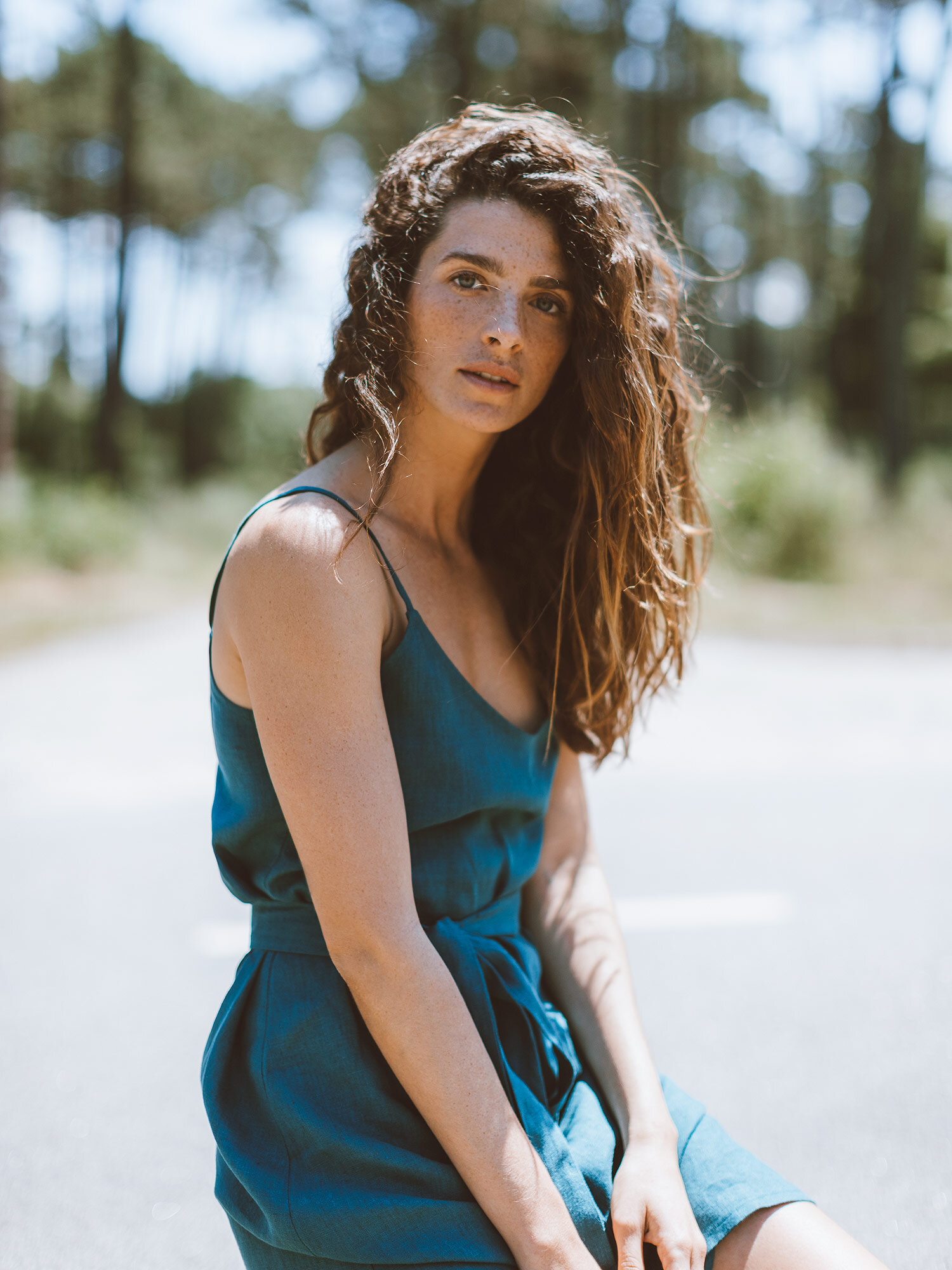 Image 5 of KAIA Linen Strappy Dress in Emerald Blue from Love and Confuse