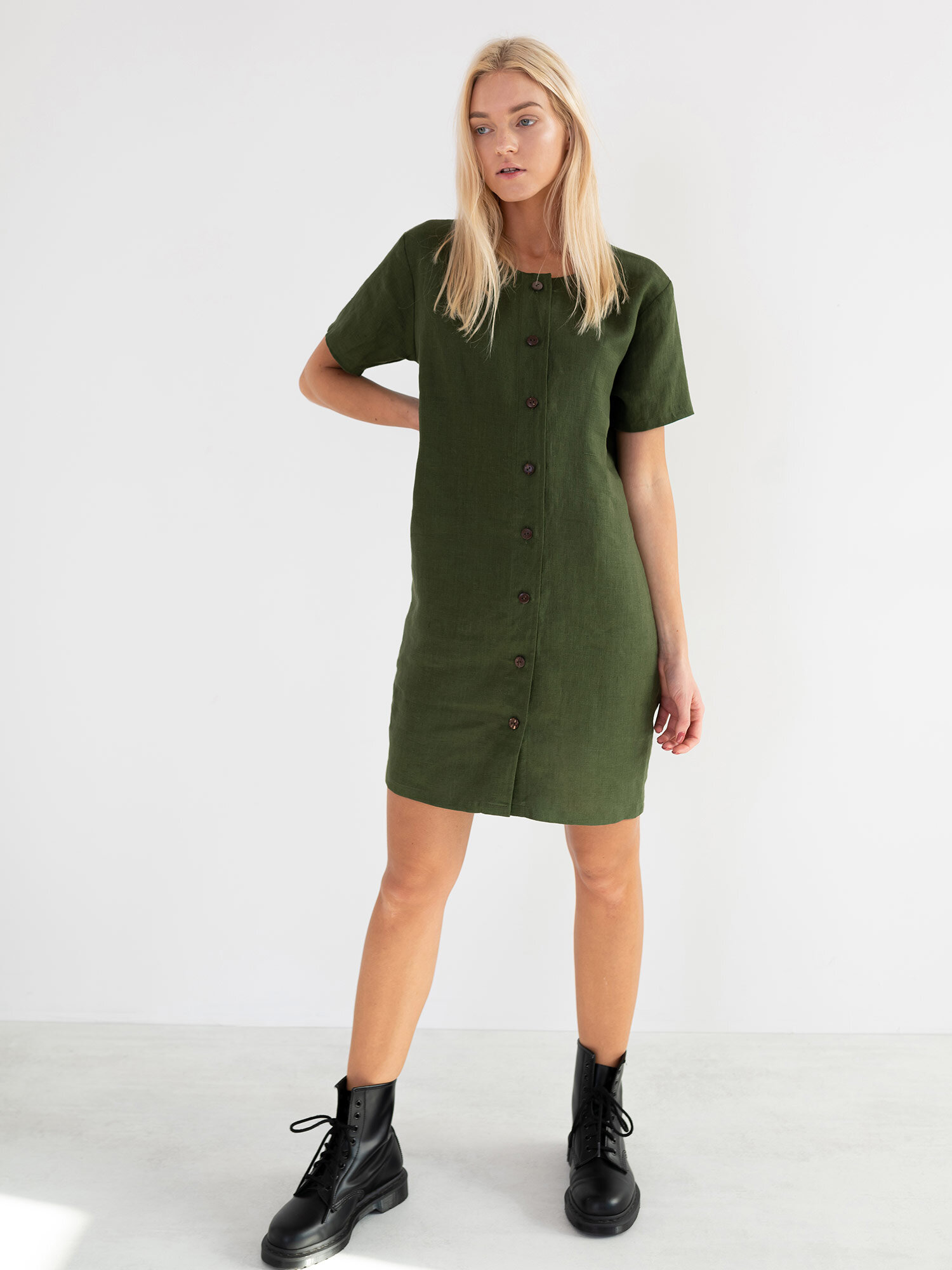 Image 1 of LYRA Short Sleeve Linen Dress in Forest Green from Love and Confuse