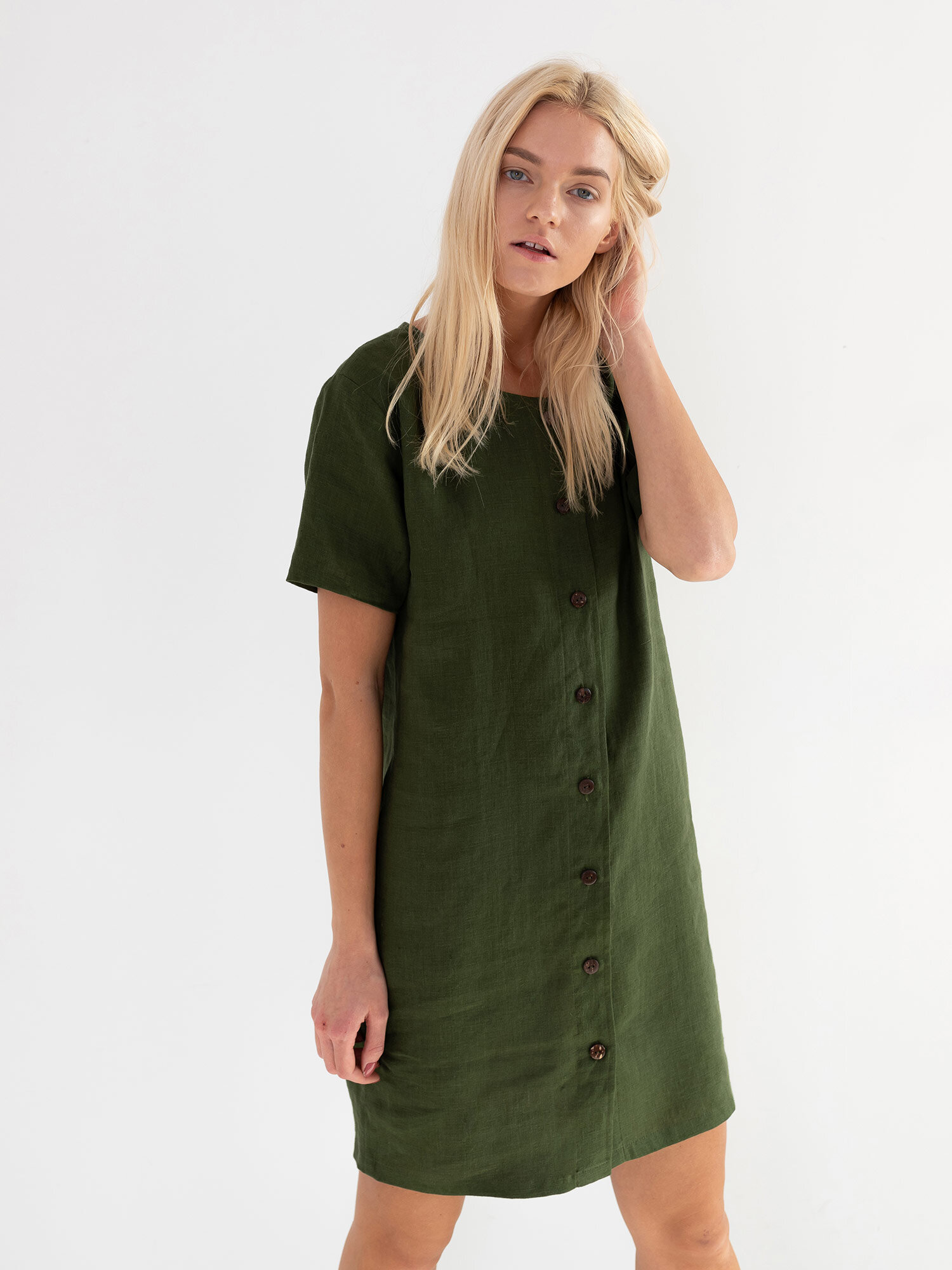Image 2 of LYRA Short Sleeve Linen Dress in Forest Green from Love and Confuse