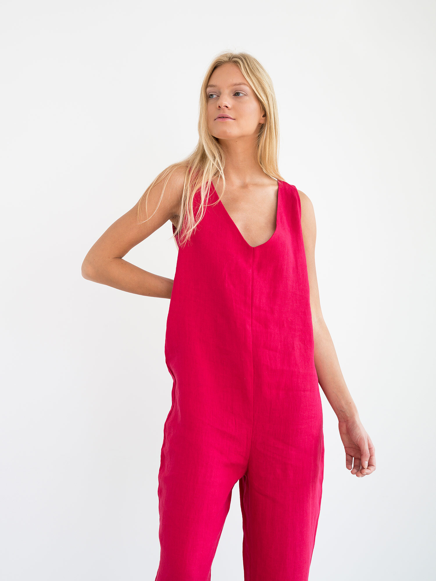 Image 3 of MADELINE Linen Jumpsuit in Vivid Raspberry from Love and Confuse