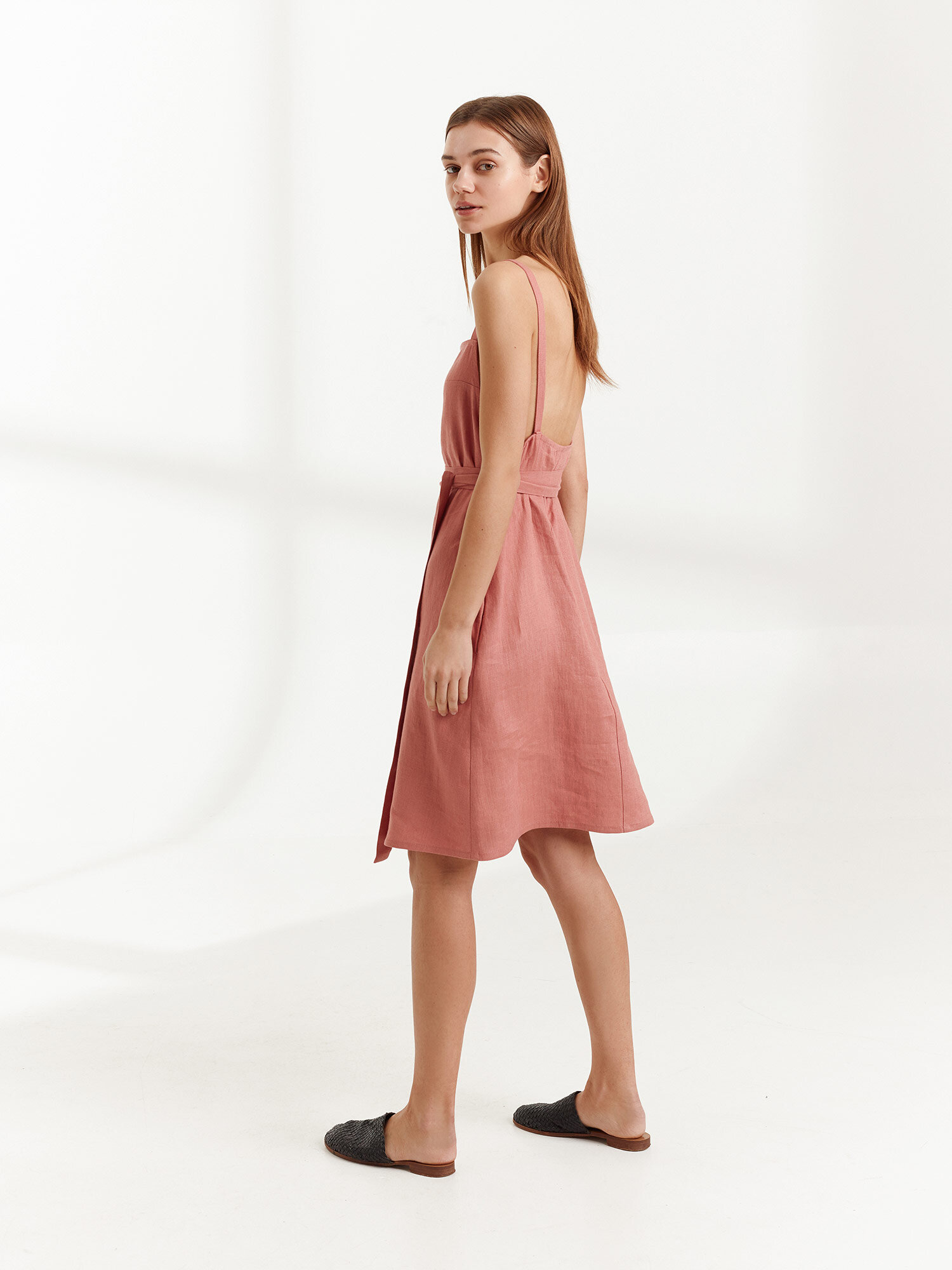 Image 3 of MAPLE Strappy Linen Dress in Salmon Pink from Love and Confuse