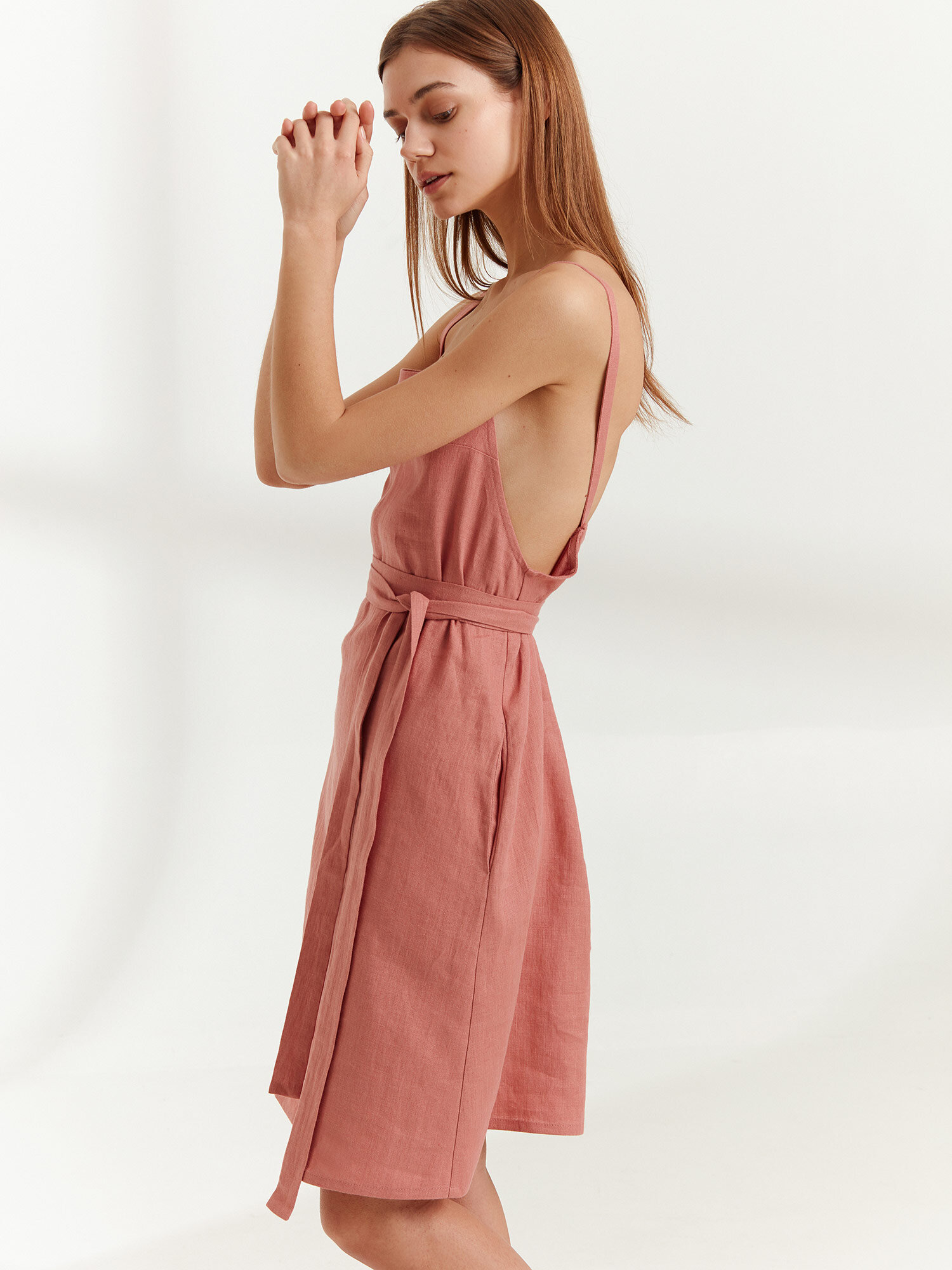 Image 4 of MAPLE Strappy Linen Dress in Salmon Pink from Love and Confuse