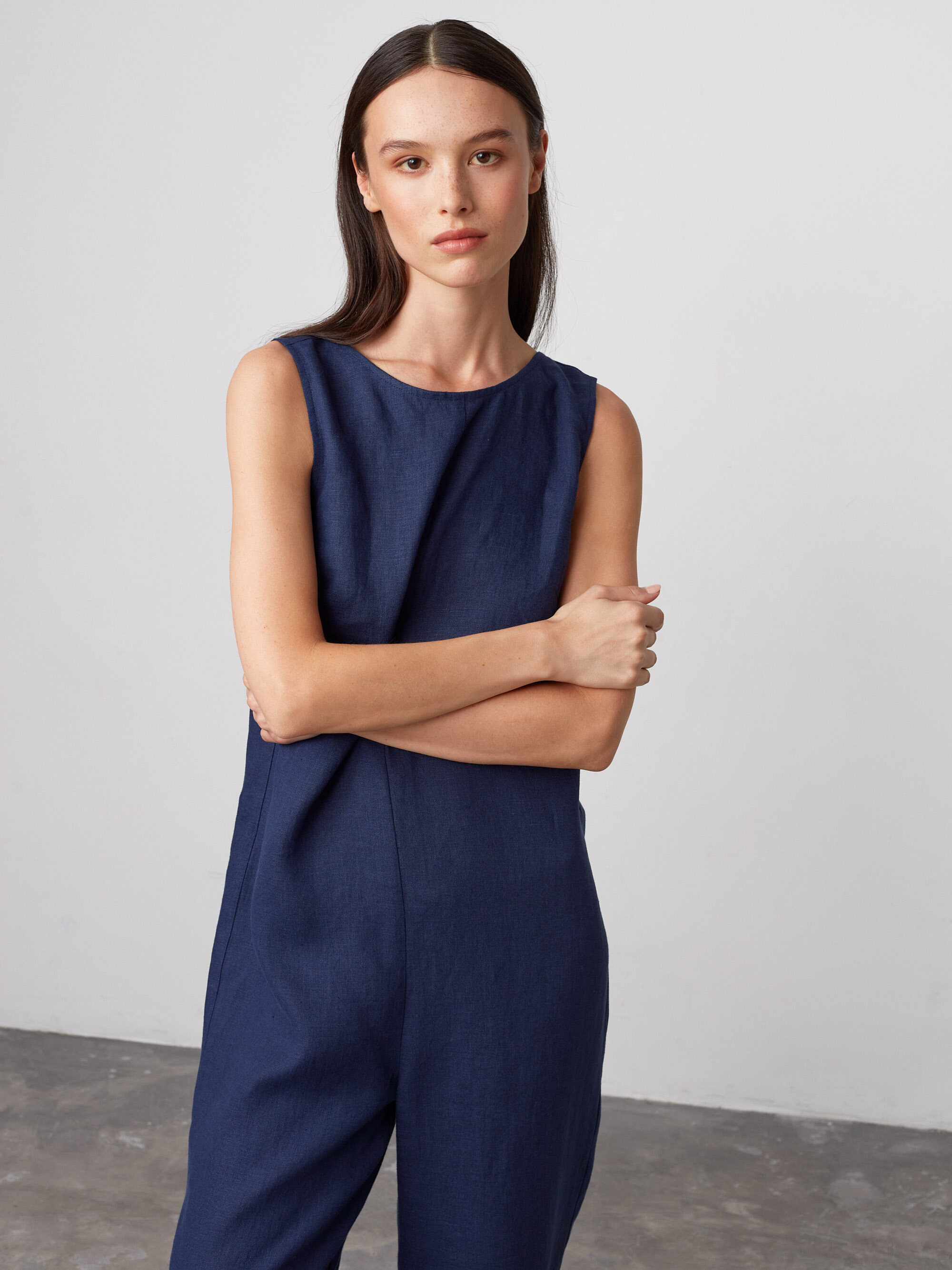 Image 3 of MARIGOLD Sleeveless Linen Jumpsuit in Navy Blue from Love and Confuse